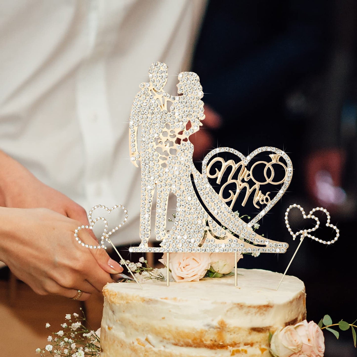 Spiareal 3 Pack Mr And Mrs Cake Topper Rhinestone Metal Love Wedding Cake Topper Crystal Heart Shaped Cake Toppers Funny Diamond