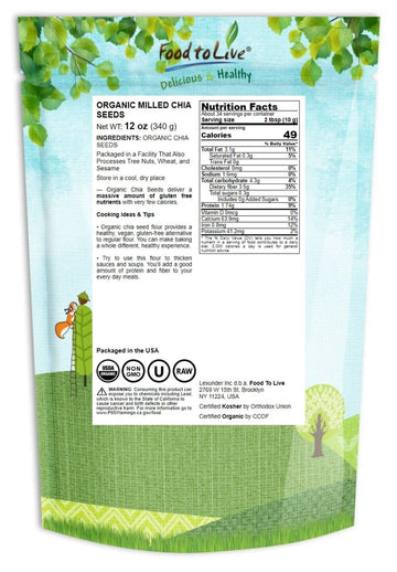 Food To Live Organic Chia Seeds Powder, 12 Ounces - Non-Gmo Meal, Ground Raw Chia Seeds, Cold Milled, Kosher, Vegan, Bulk. Rich