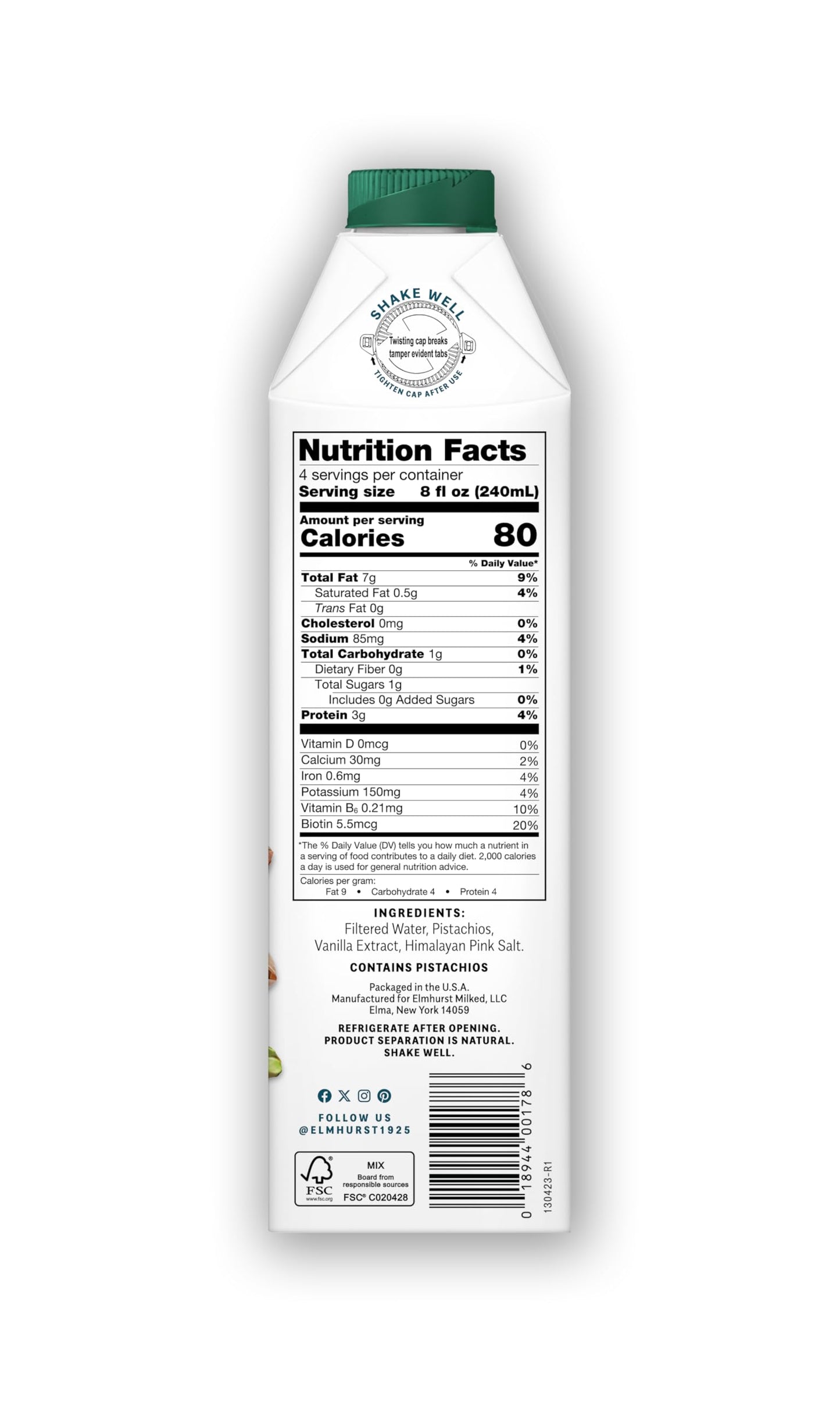 Elmhurst 1925 Vanilla Pistachio Milk Unsweetened - 32 Ounce (Pack of 6) Dairy-Free  Vegan  Kosher  Shelf Stable Milk Made w/Vanilla  Water & Pistachio for Healthier  Simpler Plant-Based Alternatives