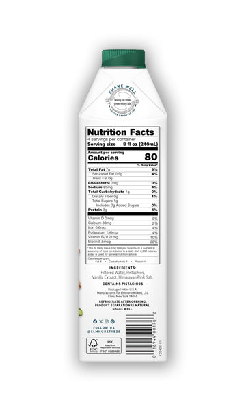 Elmhurst 1925 Vanilla Pistachio Milk Unsweetened - 32 Ounce (Pack of 6) Dairy-Free  Vegan  Kosher  Shelf Stable Milk Made w/Vanilla  Water & Pistachio for Healthier  Simpler Plant-Based Alternatives
