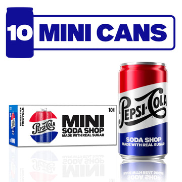 Pepsi Real Sugar Soda, Mini Cans, 7.5oz Mini Cans, (10 Pack), Cola, Soda Pop (Packaging May Vary)
