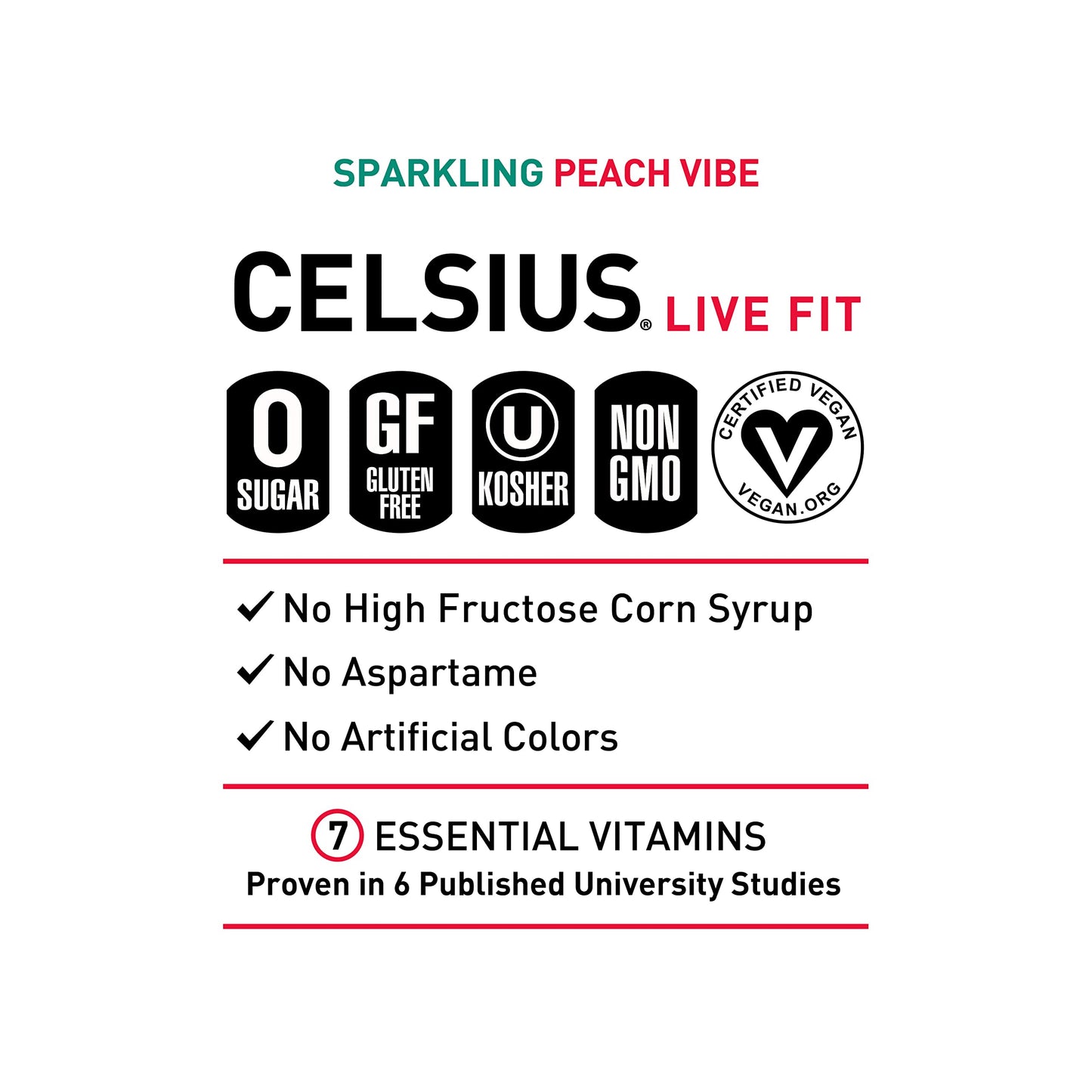 CELSIUS Sparkling Peach Vibe, Functional Essential Energy Drink 12 Fl Oz (Pack of 24)