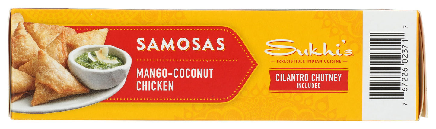 Sukhis Indian Mango Coconut Chicken Samosa Frozen Appetizer Snack with Cilantro Chutney Dipping Sauce 10oz
