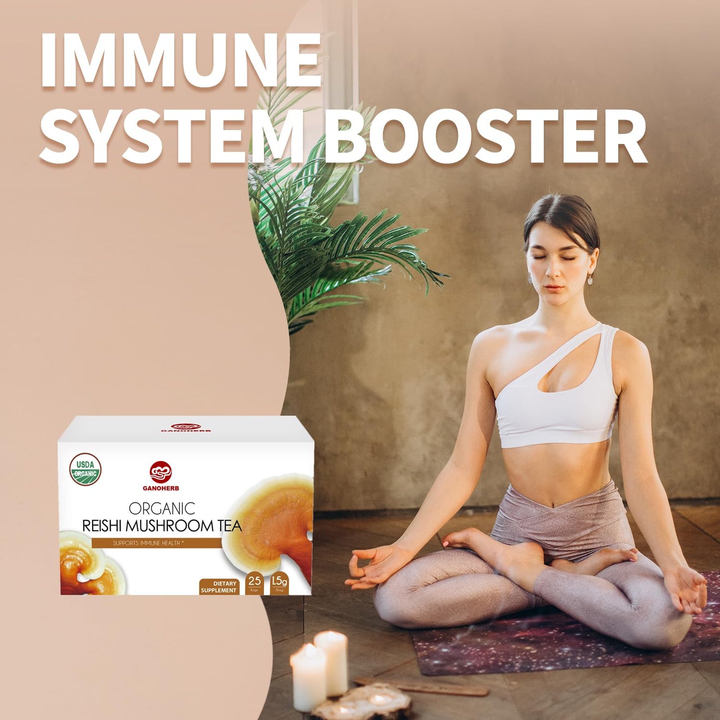GANOHERB Reishi Mushroom Tea, Caffeine-Free, 25 Count, Adaptogen Ganoderma Lucidum for Immune Health, Stress Relief