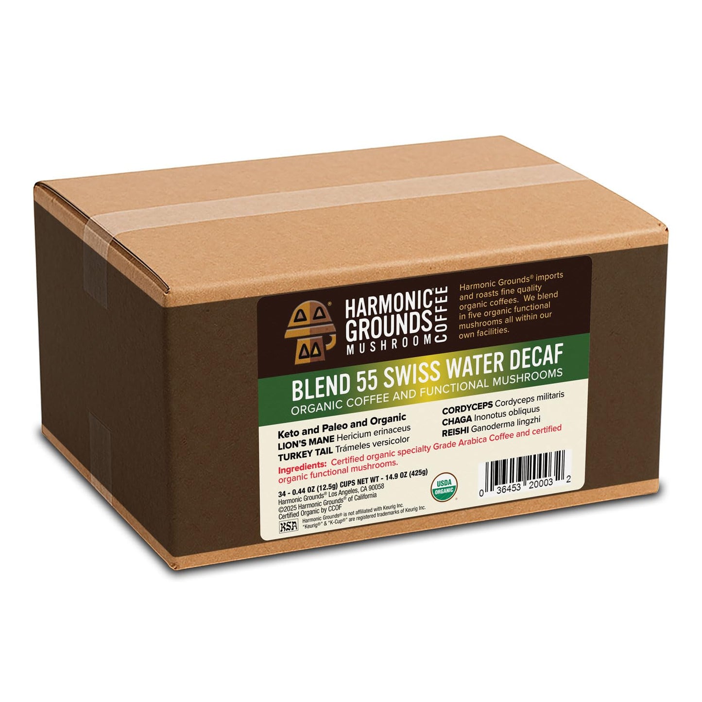 Harmonic Grounds Organic Decaf Mushroom Coffee Pods - Medium Roast with Lions Mane, Reishi, Chaga & Cordyceps - 34 Count Compatible with Keurig