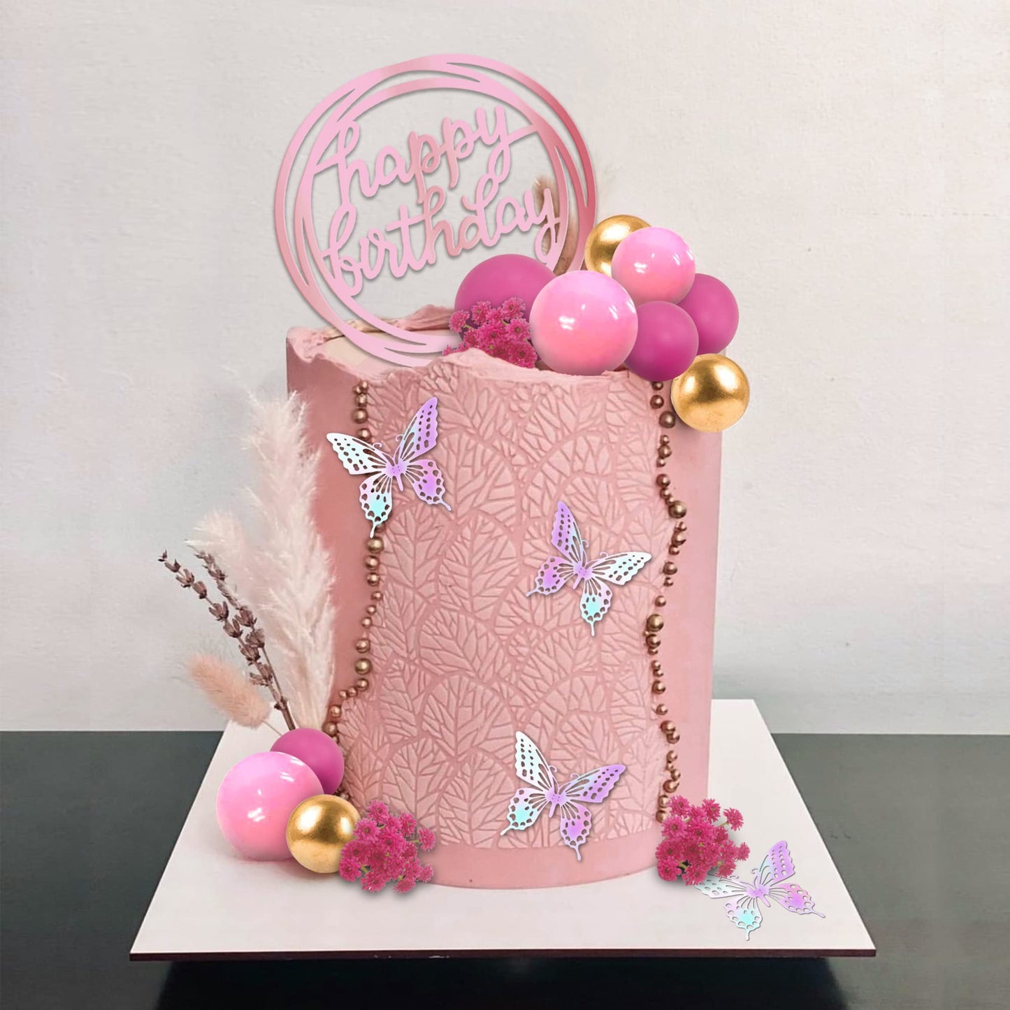 41 Pcs Balls Cake Decorations Flower Butterfly Cake Topper With Hot Pink And Gold Balls Balls Happy Birthday Cake Topper For Wed