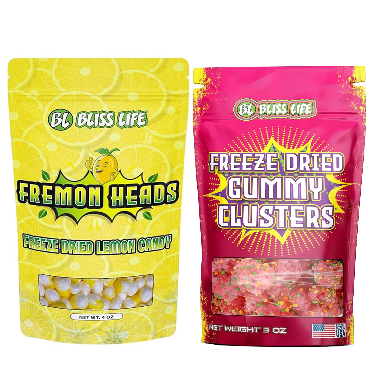 Bliss Life Gummy Clusters & Fremon Head Bundle, 3oz & 4oz, Colorful Chewy Snacks, Fun Treats for Kids