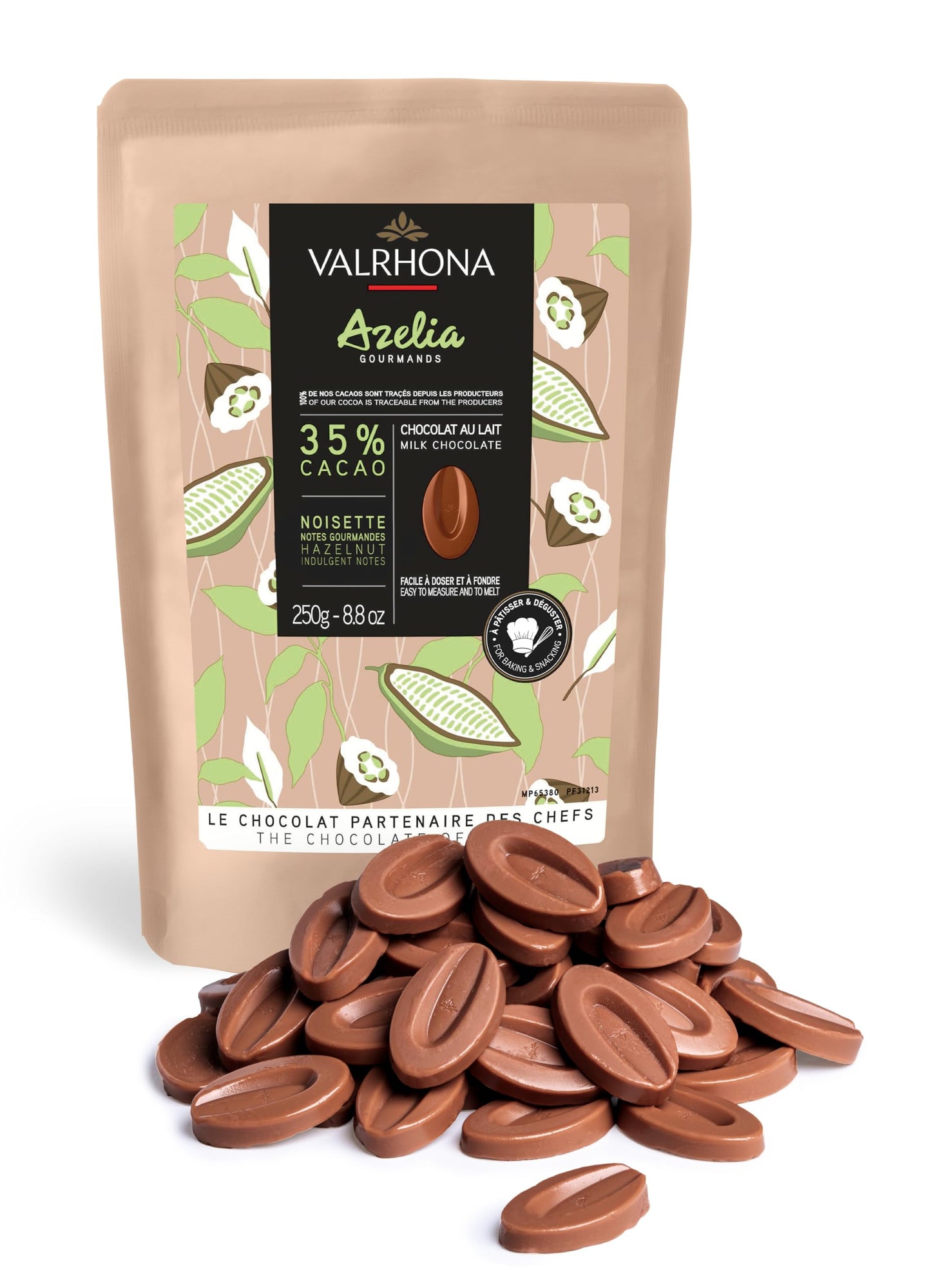 VALRHONA Milk and Hazelnut Chocolate Discs, AZÉLIA 35% Cacao, Easy Melt, 250g Pack