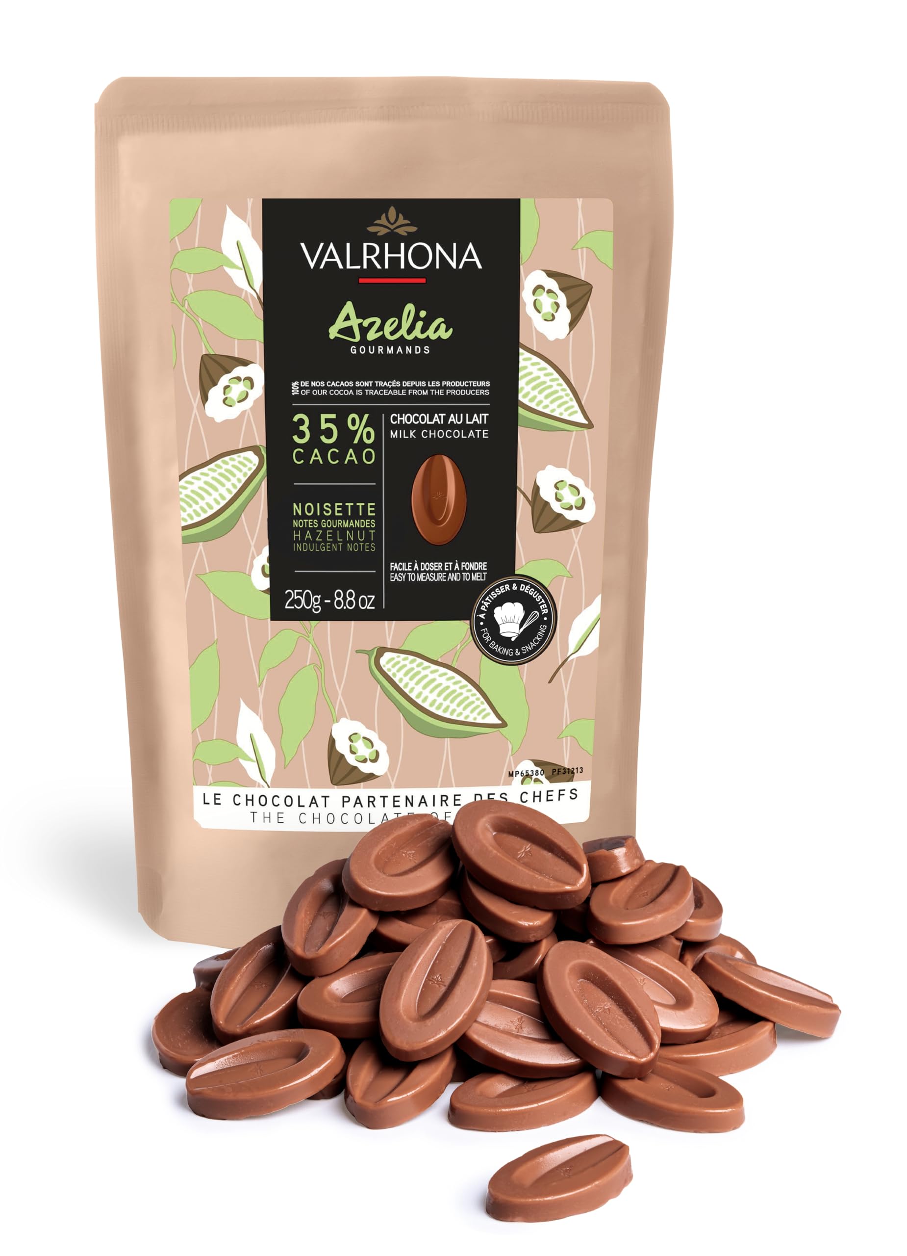VALRHONA Milk and Hazelnut Chocolate Discs, AZÉLIA 35% Cacao, Easy Melt, 250g Pack