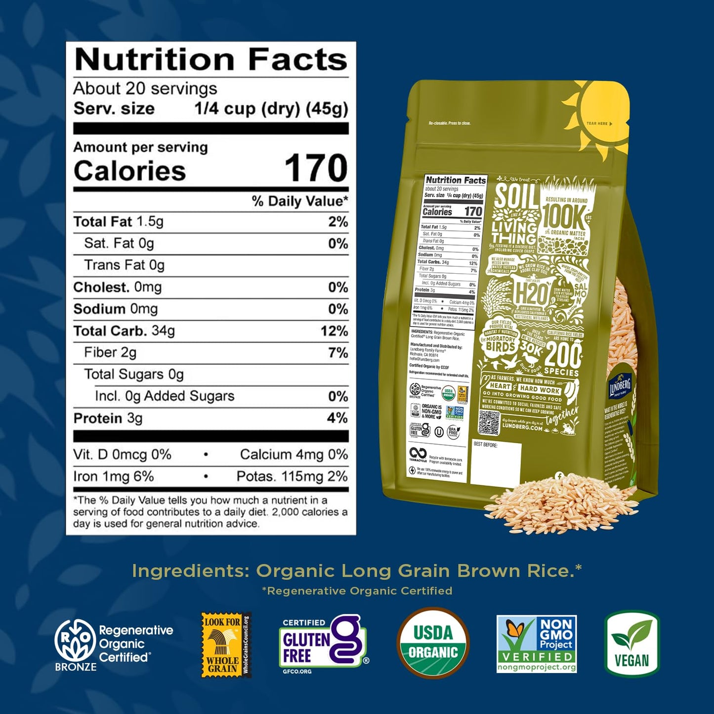 Lundberg Brown Rice, Regenerative Organic Certified, 2-Pack - Non-Sticky, Aromatic Long Grain Rice, Responsibly Grown in Califor