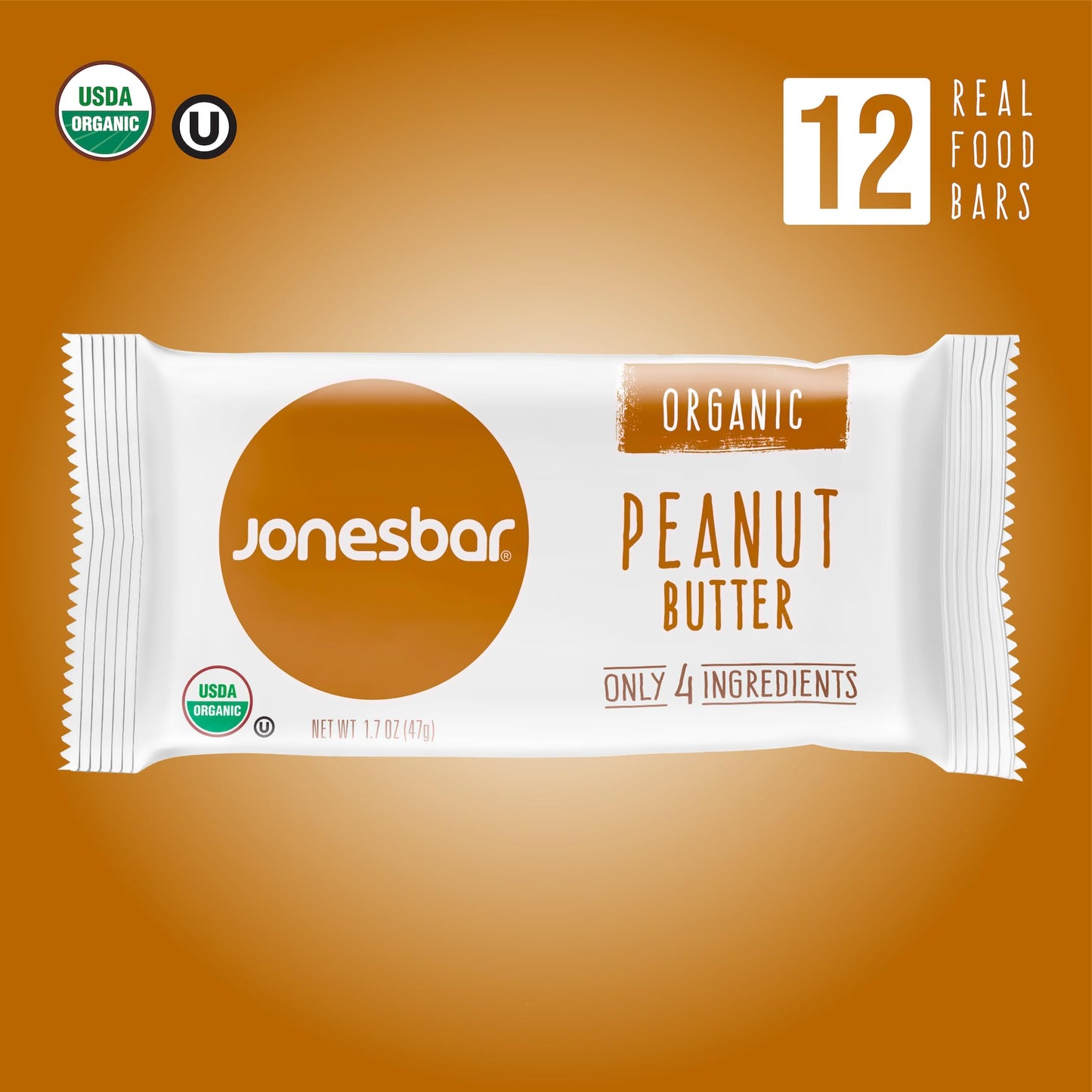 JONESBAR (Peanut Butter, 12 Count (Pack of 1)), USDA Organic Fruit & Nut Bar, Non-GMO, Kosher, Vegan, Gluten Free, Simple Snack