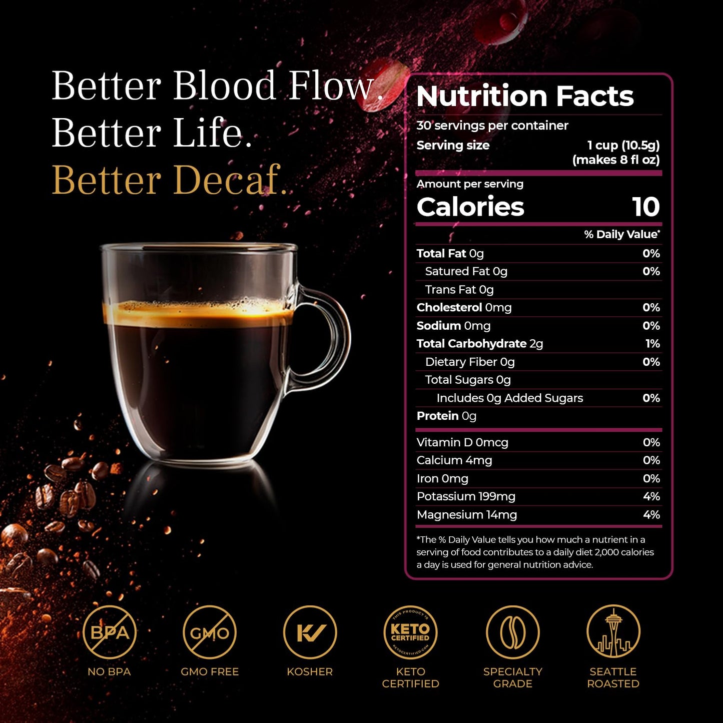 VINIA Blood Flow Energy Coffee Pods - DECAF Medium Roast, K Cup Compatible, Caffeine Free, 60 Count