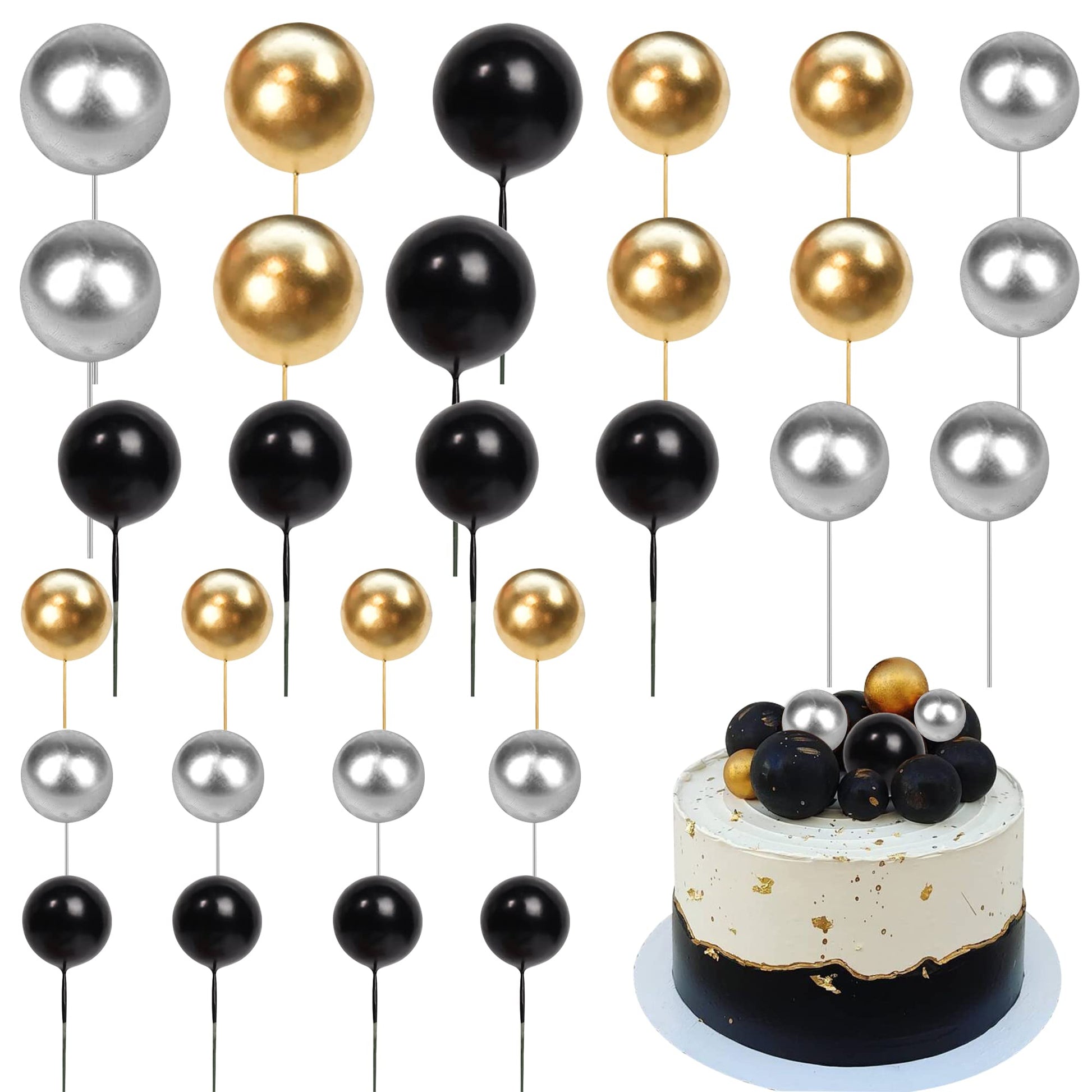 Rsstarxi Cake Topper Foam Balls 30 PCS Mini Decoration Picks for Baby Shower, Wedding, Birthday - Black Gold Silver - Model XM237