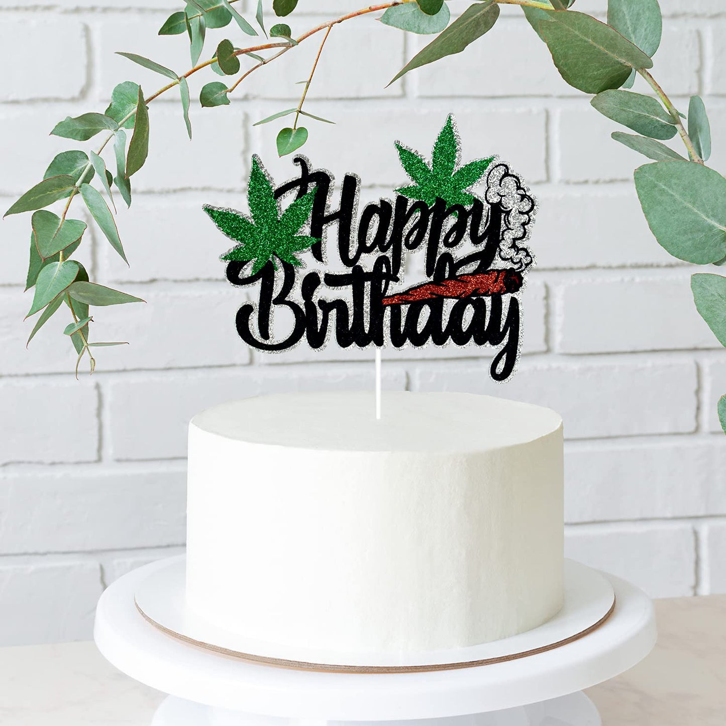 ZFMY Wong Happy Birthday Cake Topper - Black Glitter   Leaf Decoration - 14.5cm/5.7in x 10.7cm/4.2in