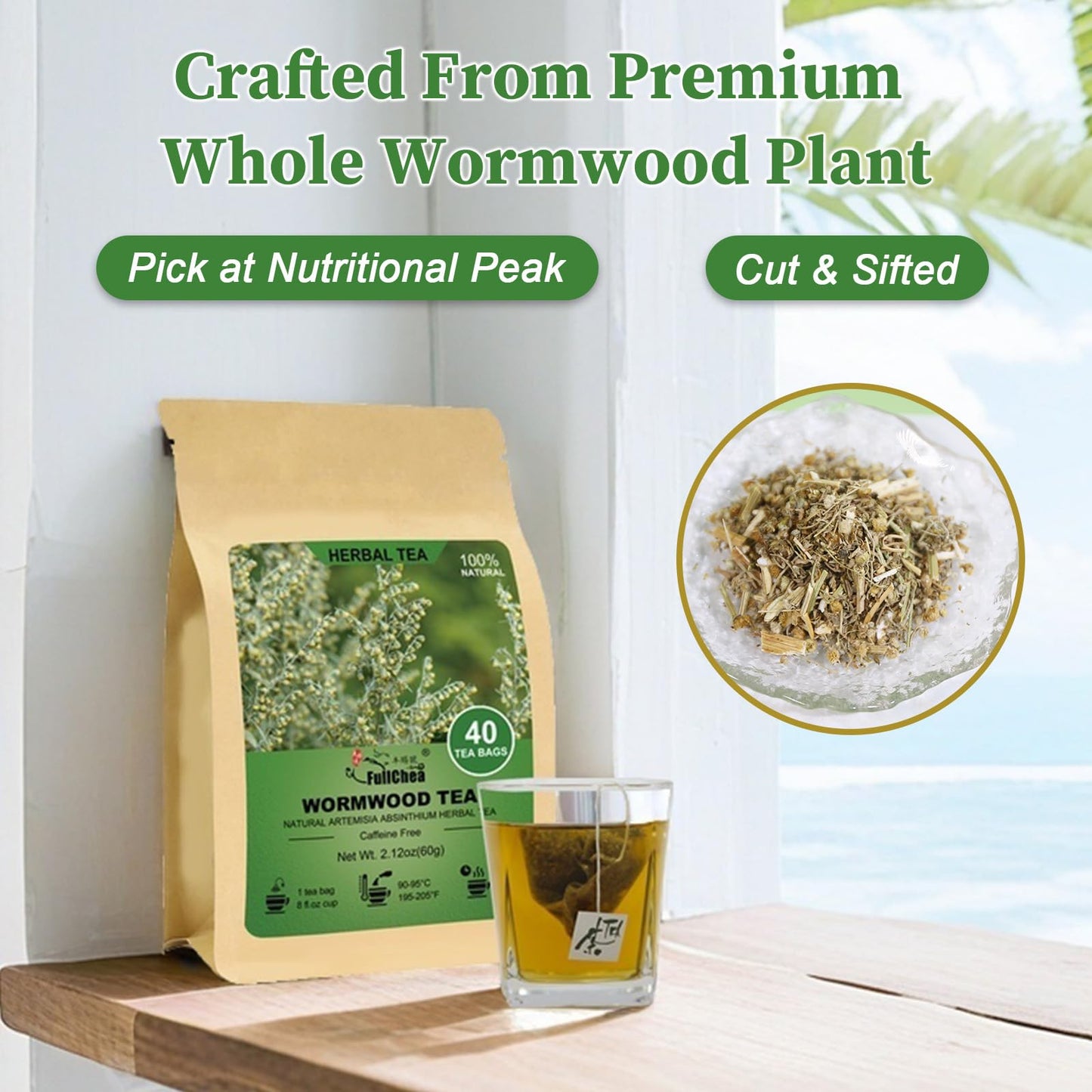 FullChea Wormwood Tea Bags - Bitter Herbal Tea - Non-GMO, Caffeine-Free - 40 Count