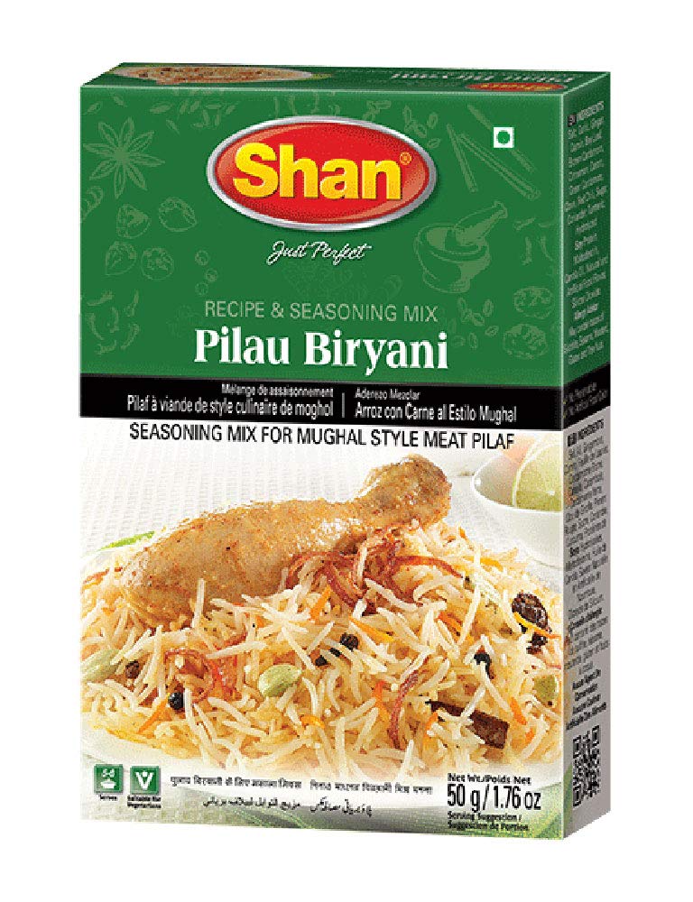Shan Pilau Biryani Recipe and Seasoning Mix 1.76 oz (50g) - Spice Powder for Mughal Style Meat Layered Pilaf - Suitable for Vege