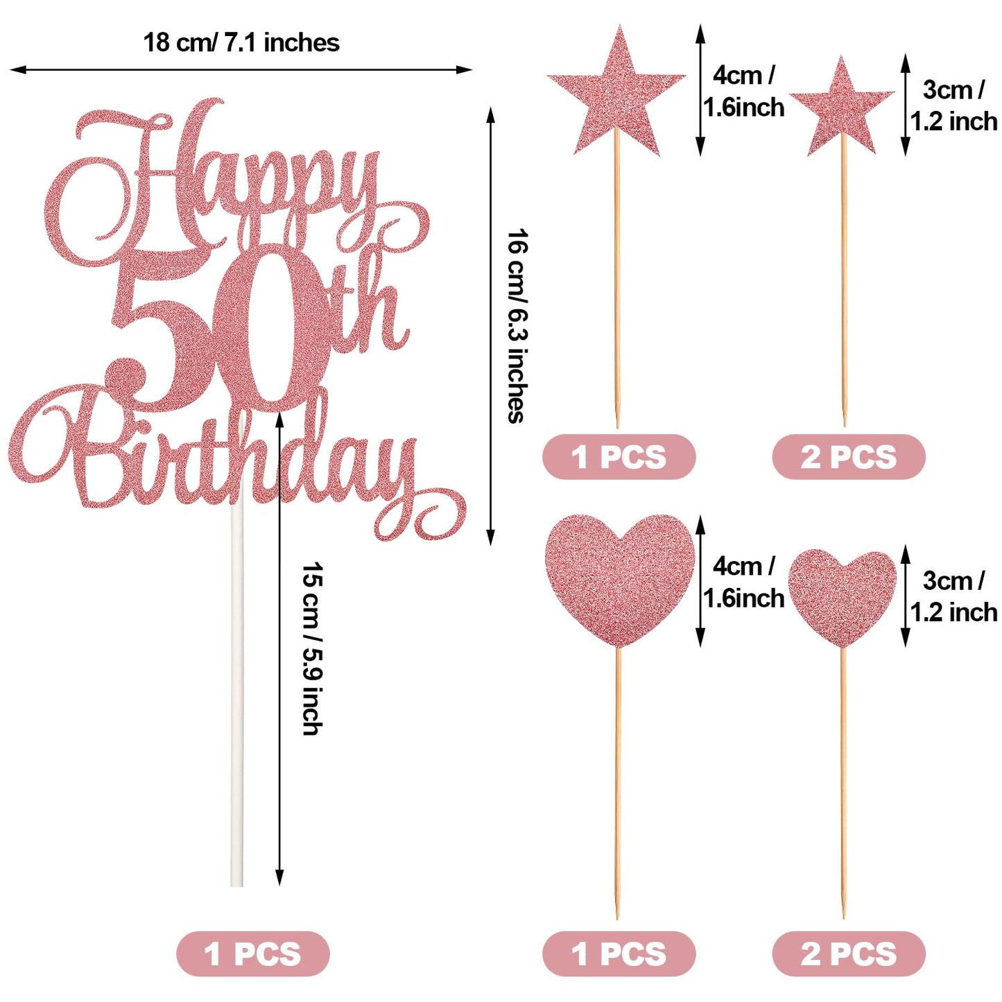 HOGRTi 50th Birthday Cake Decorations Set, Rose Gold, Includes Candles and Toppers, Model 50