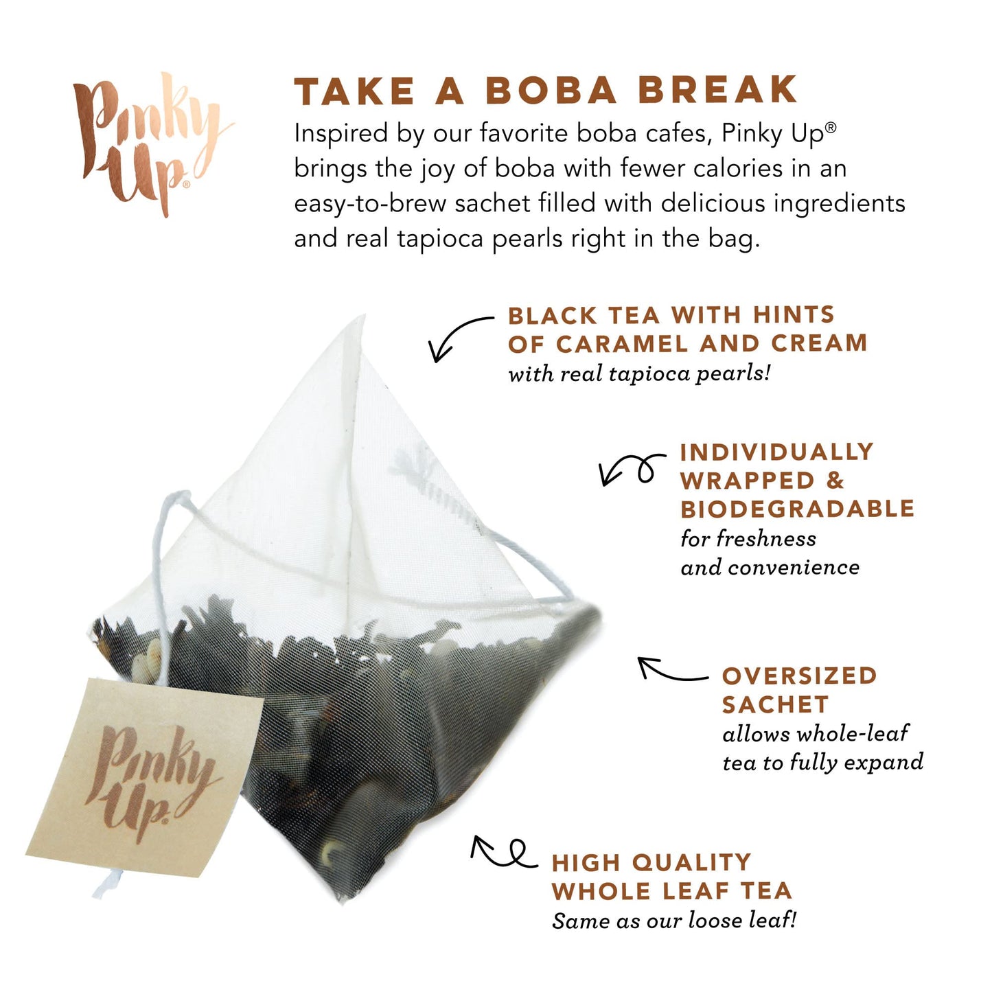 Pinky Up Brown Sugar Boba Tea Sachets - Calorie Free Whole Leaf Black Tea Bubble Tea - Boba Gift 12 Biodegradable Tea Bags