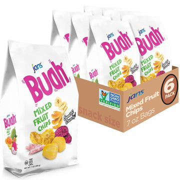 Jans Buah Mixed Fruit Chips, 7 Oz (Pack of 6 ) Tropical Mix of Red Dragonfruit, Pineapple, Banana, Jackfruit, Taro, Pumpkin Chip