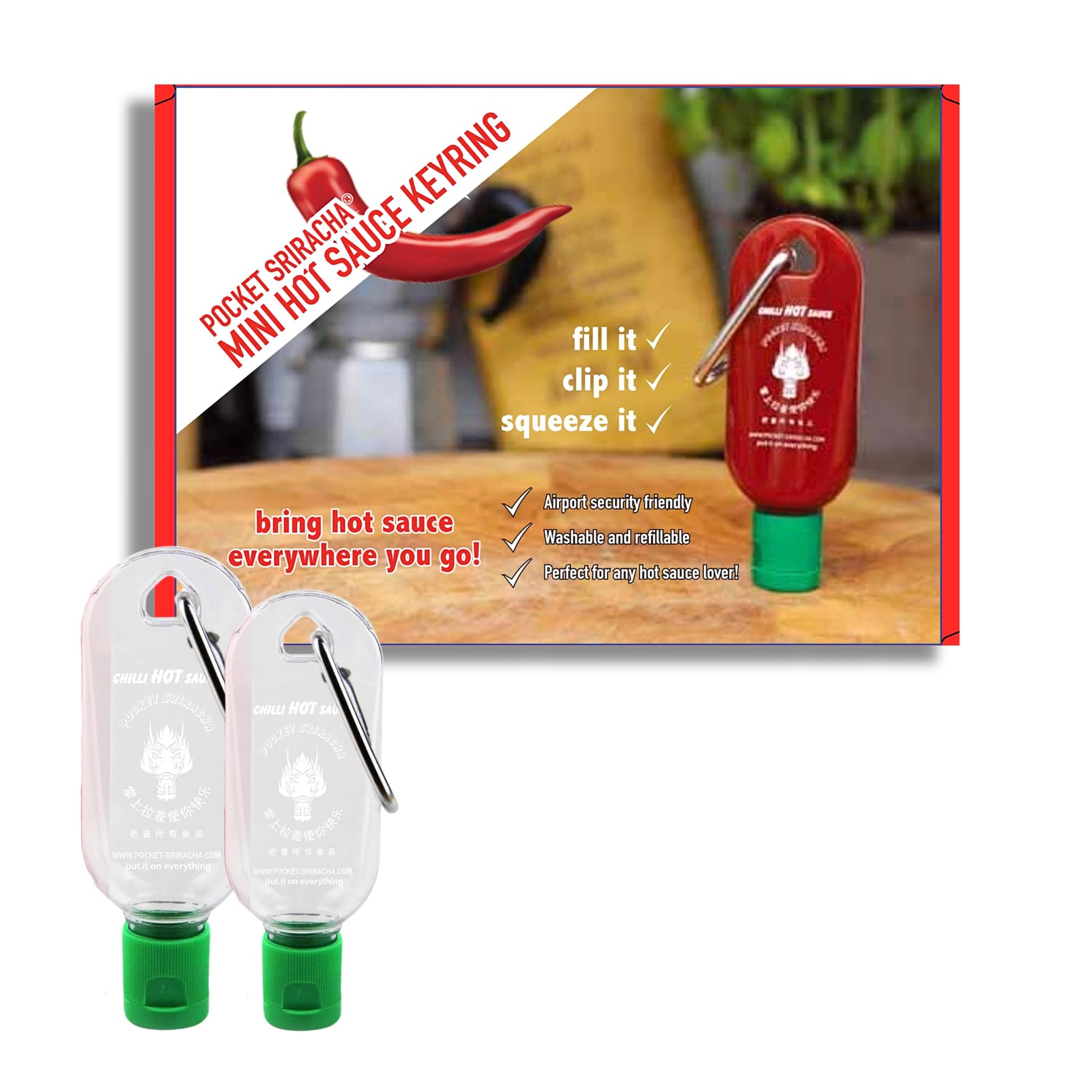 Pocket Sriracha Hot Sauce Keyring Combo Pack - 30Ml & 50Ml Bottles - Portable, Refillable & Travel-Friendly - Perfect Chilli Sau