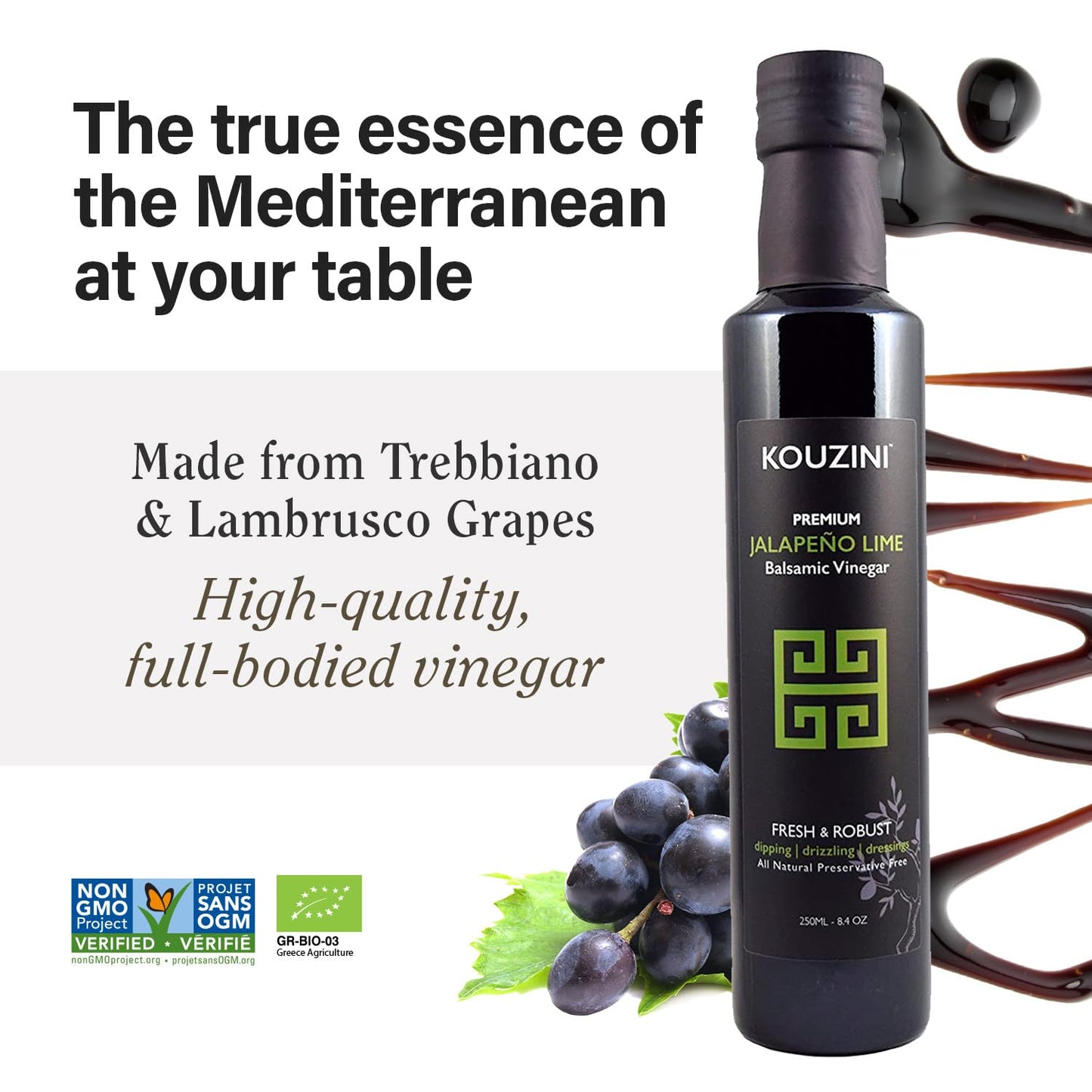 Kouzini Ultra Premium Jalapeno Lime Balsamic Vinegar, Aged Balsamic Vinegars From Modena, Italy, Premium, Smooth & Full-Bodied Flavor, 250Ml Bottle