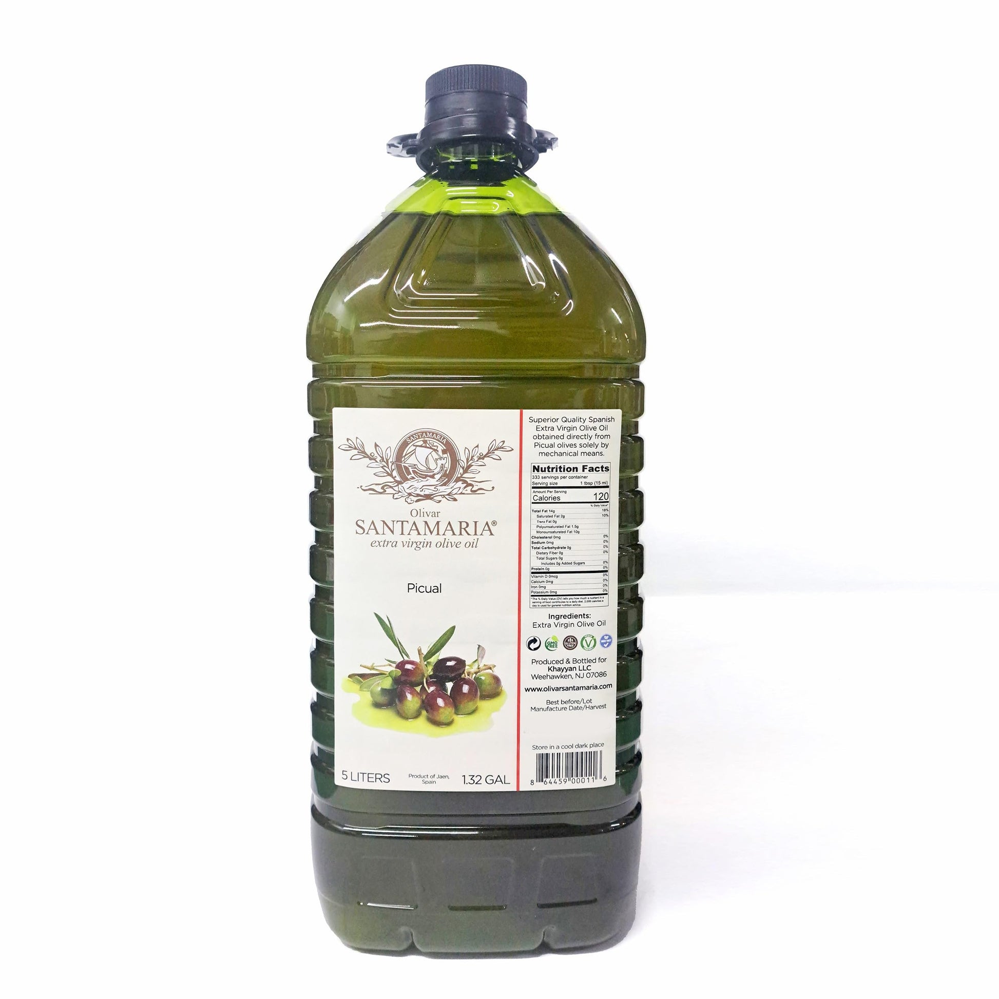 Olivar Santamaria | Extra Virgin Olive Oil | Enhanced Picual Variety | First Cold Pressed | Sdiscomfort-Reducing | High Polyphenol | Perfect For Salad Dressings | Cooking | Frying & Marinades | 169.07 Fl Oz (5 Liter) (Pack Of 1)