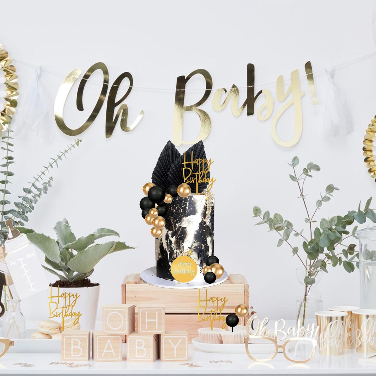 Memovan 26Pcs Man Cake Topper Black Boho Cake Topper Black Gold Balls Palm Leaves Black Gold Cake Decorations For Man Boy Bohemi