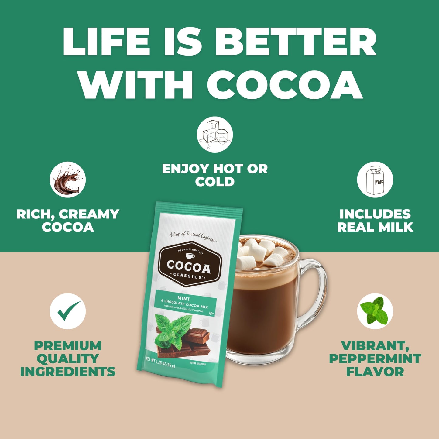COCOA CLASSICS Mint Cocoa Mix, Hot Chocolate, Gluten Free, 1.25oz Packets (Pack of 36)