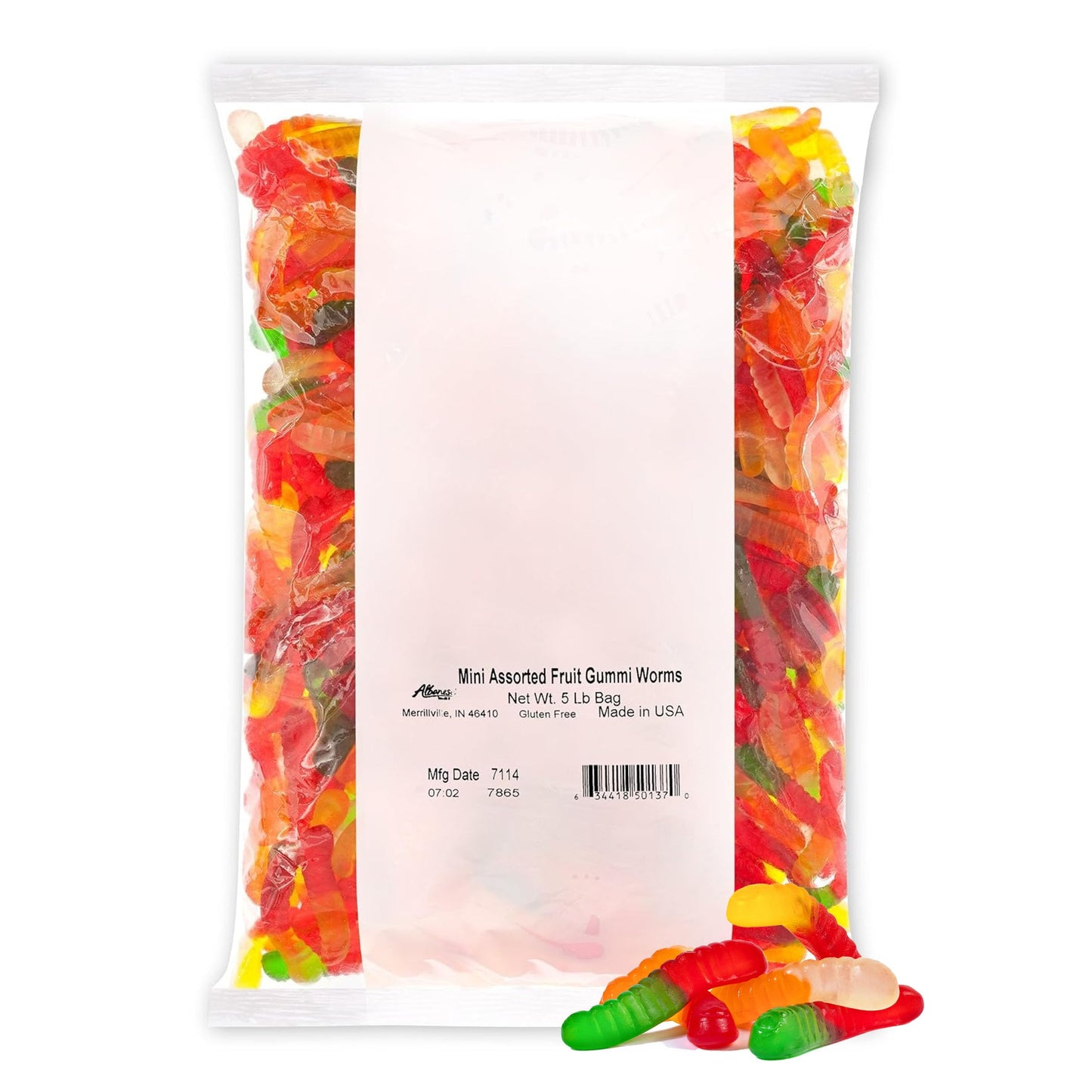 Albanese Candy Mini Assorted Fruit Gummi Worms, 5 Pound, Gluten Free, Assorted Flavors: Cherry, Green Apple, Pineapple, Lemon, Orange