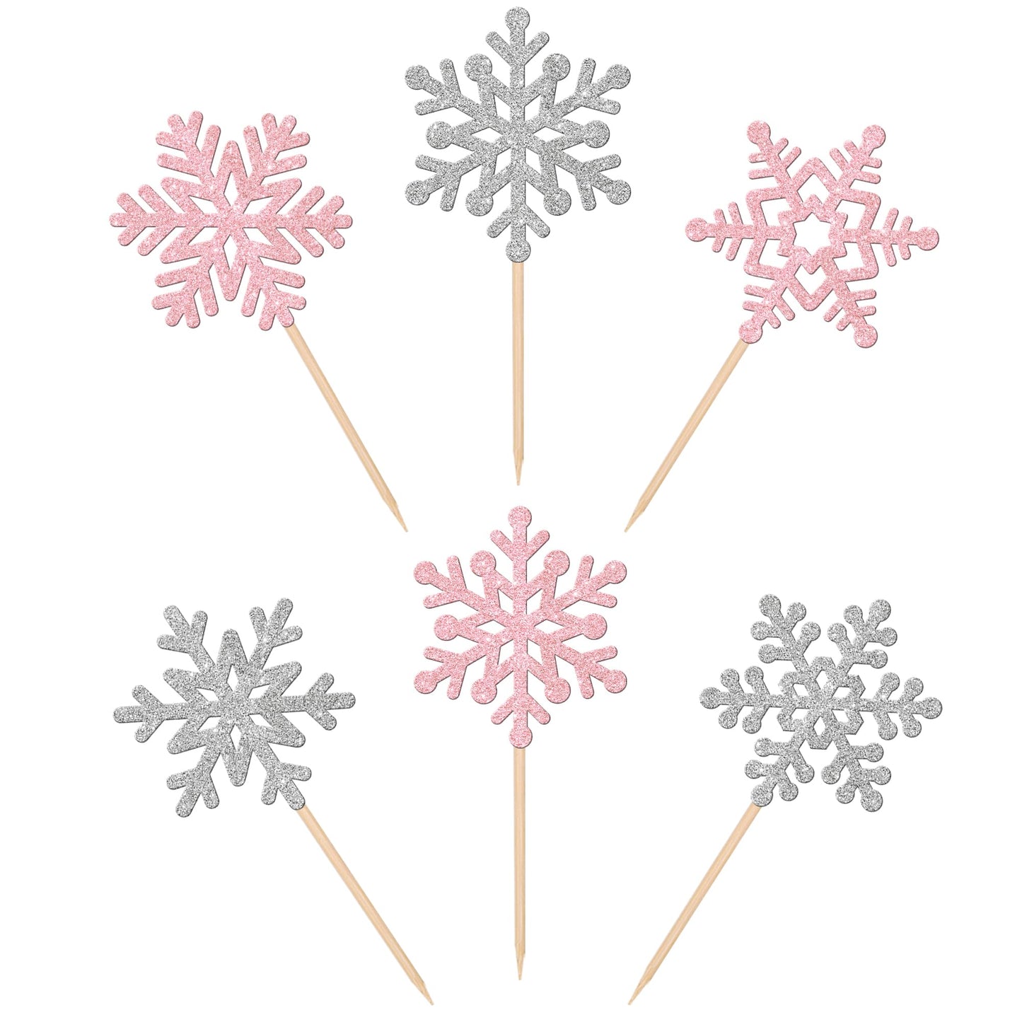ZHUOWEISM 24 PCS Snowflake Cupcake Toppers Paper Winter Wonderland Decorations Silver Pink