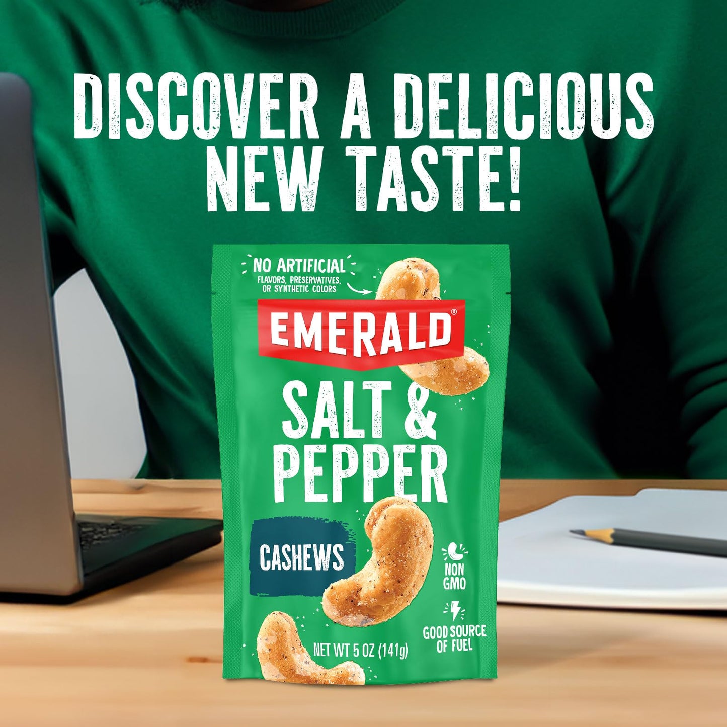 Emerald Nuts, Salt and Pepper Cashews, Stand Up Resealable Bag, 5 Ounce