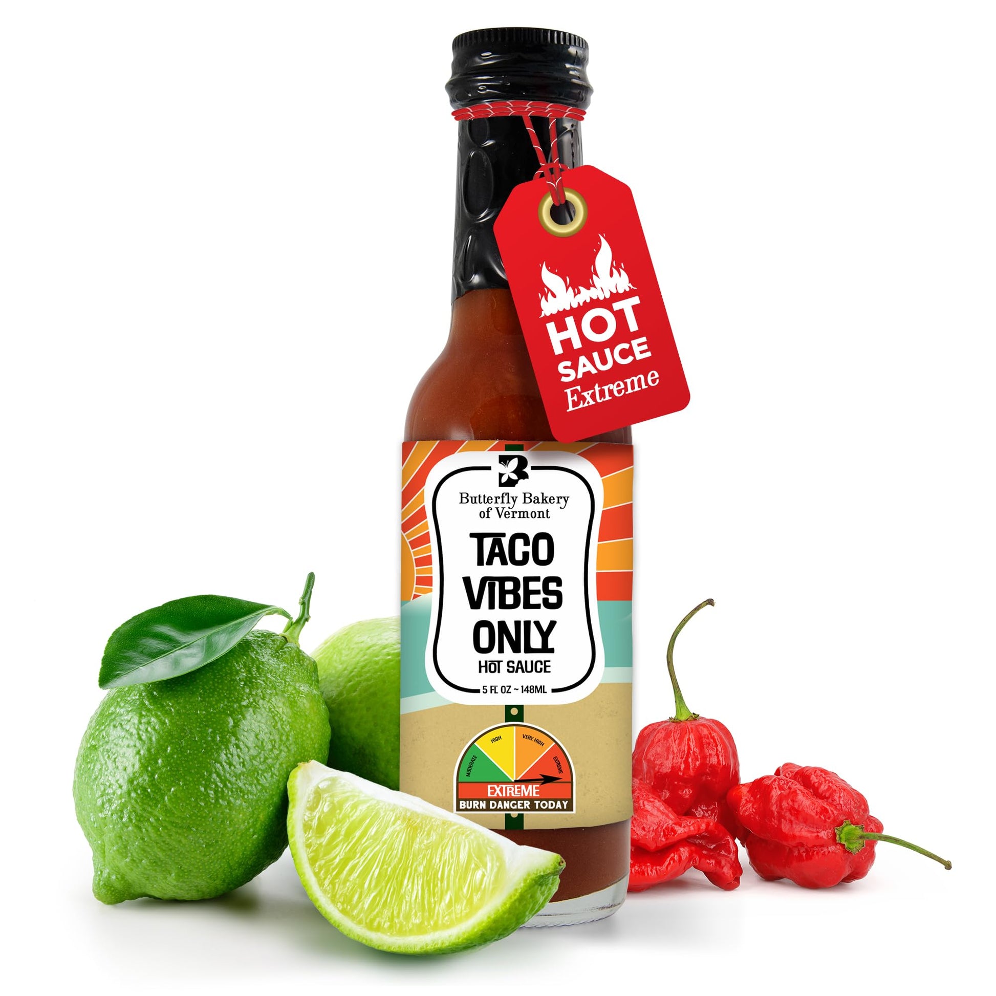 Butterfly Bakery of Vermont - Taco Vibes Only Hot Sauce, Extreme Heat, Bold & Zesty Flavor, Made with Vermont-Grown Red Serranos