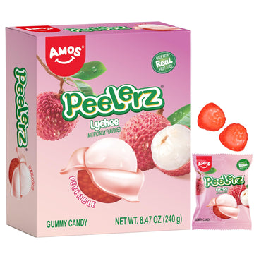 AMOS Peelerz Lychee Gummy Candy, Peelable Fruit-Shaped Candy, 8.47oz Box with 10 Individual Packs - Fun Peeling Gummy Snack Made