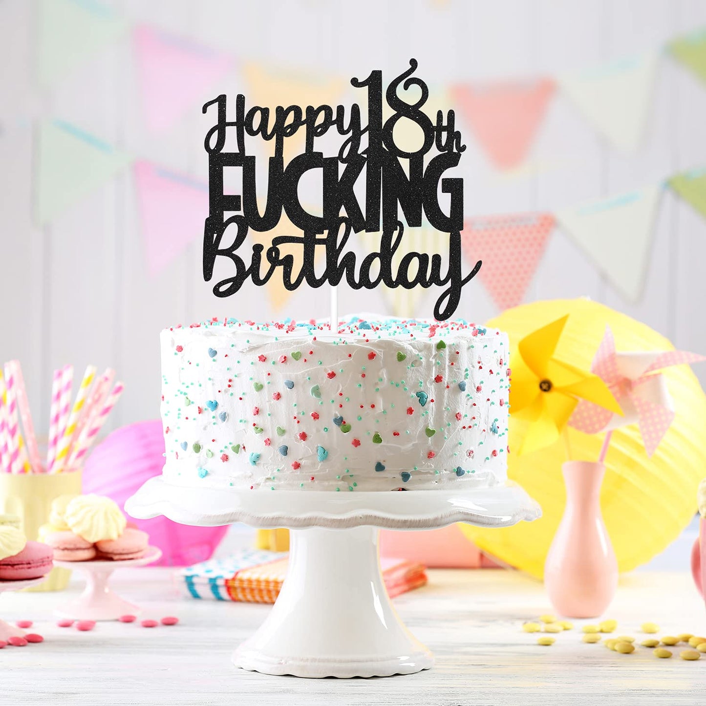 Caiwowo Birthday Cake Topper - Funny Black Glitter 18th Birthday Decoration