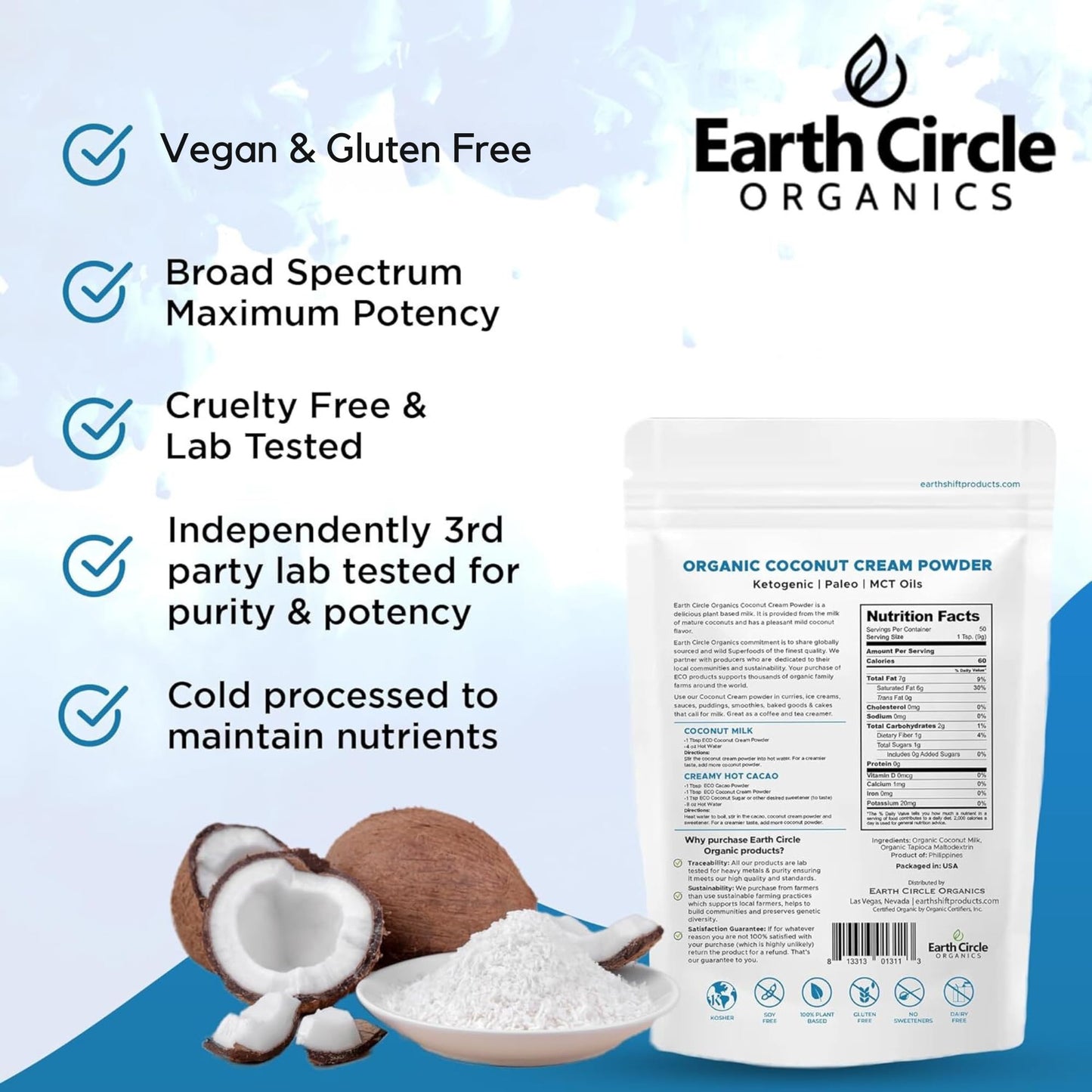 Earth Circle Organics Organic Coconut Cream Powder, Vegan, No Added Sugar, 16 Ounce