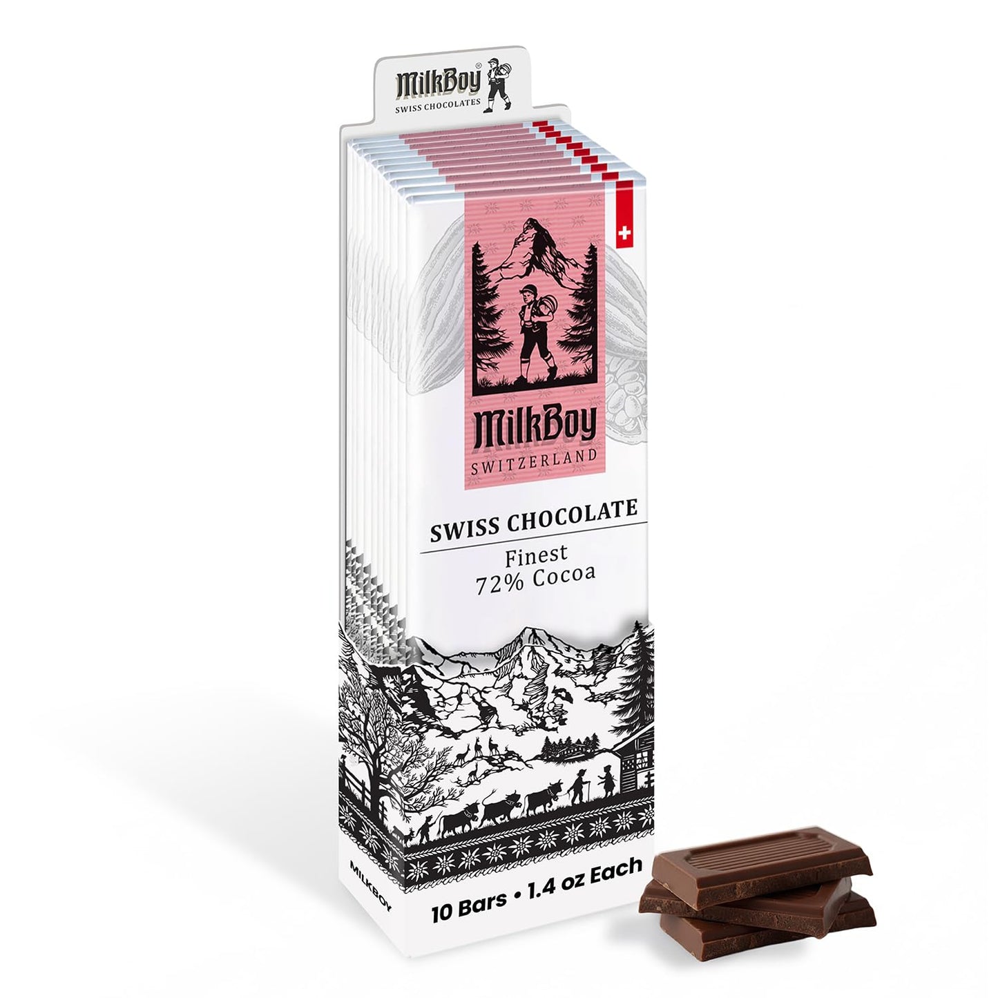 Milkboy Swiss Chocolates Gourmet Dark Chocolate Bar - 72% Chocolate Made In Switzerland  Kosher. Vegan Gluten Free  Dairy Free Swiss Chocolate Bars  Sustainably Farmed Cocoa Bars - 1.4 Oz  10 Pack