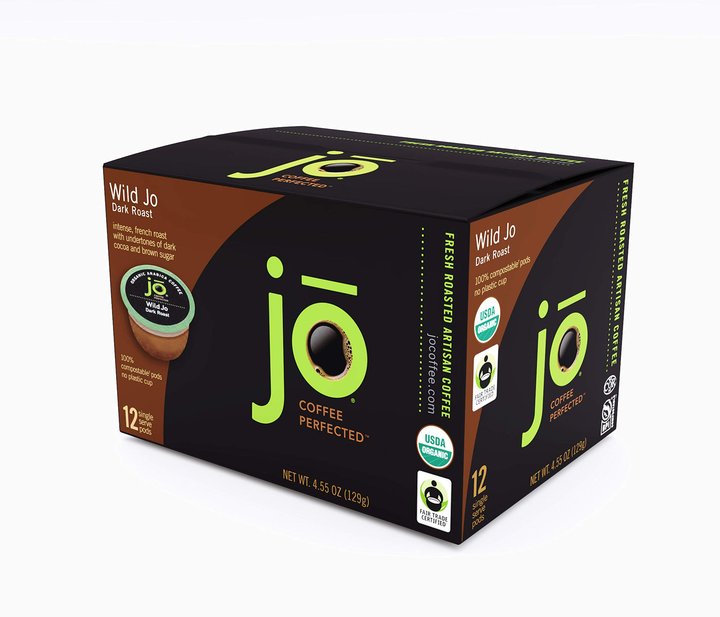 Jo Coffee Organic Dark French Roast Coffee Pods, 12 Count, Compostable, Fair Trade Certified, Compatible with Keurig K-Cup malt-inspired