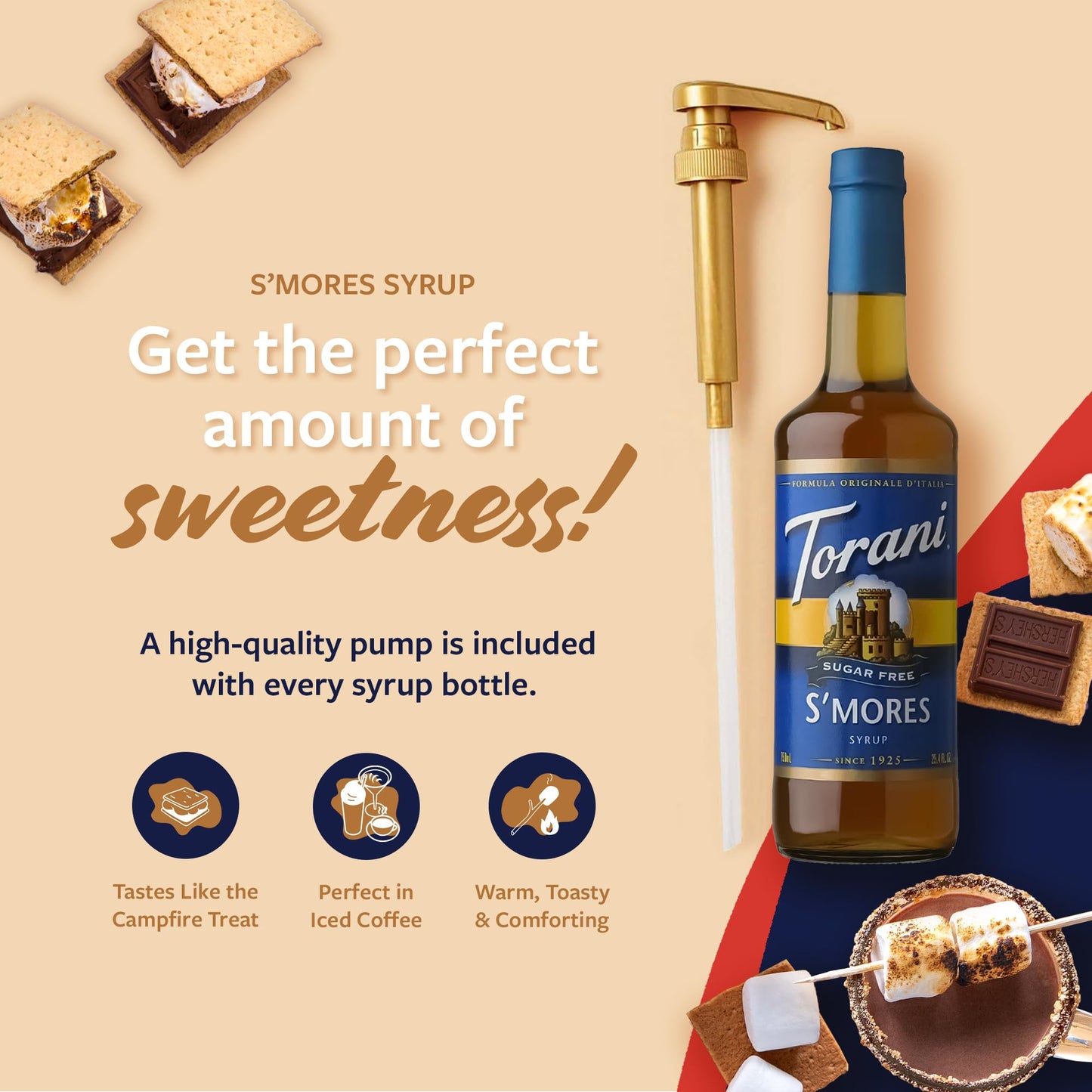 Torani Sugar Free Coffee Syrup, Smores Flavoring For Drinks, Zero Calorie, Glass Bottle With Pump Included, 25.4 Fl Oz