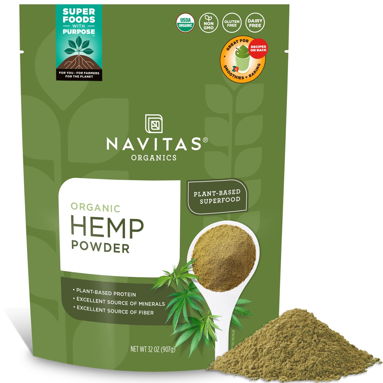 Navitas Organics Hemp Powder, 32 oz. Bag, 30 Servings - Organic, Non-GMO, Cold-Pressed, Gluten-Free