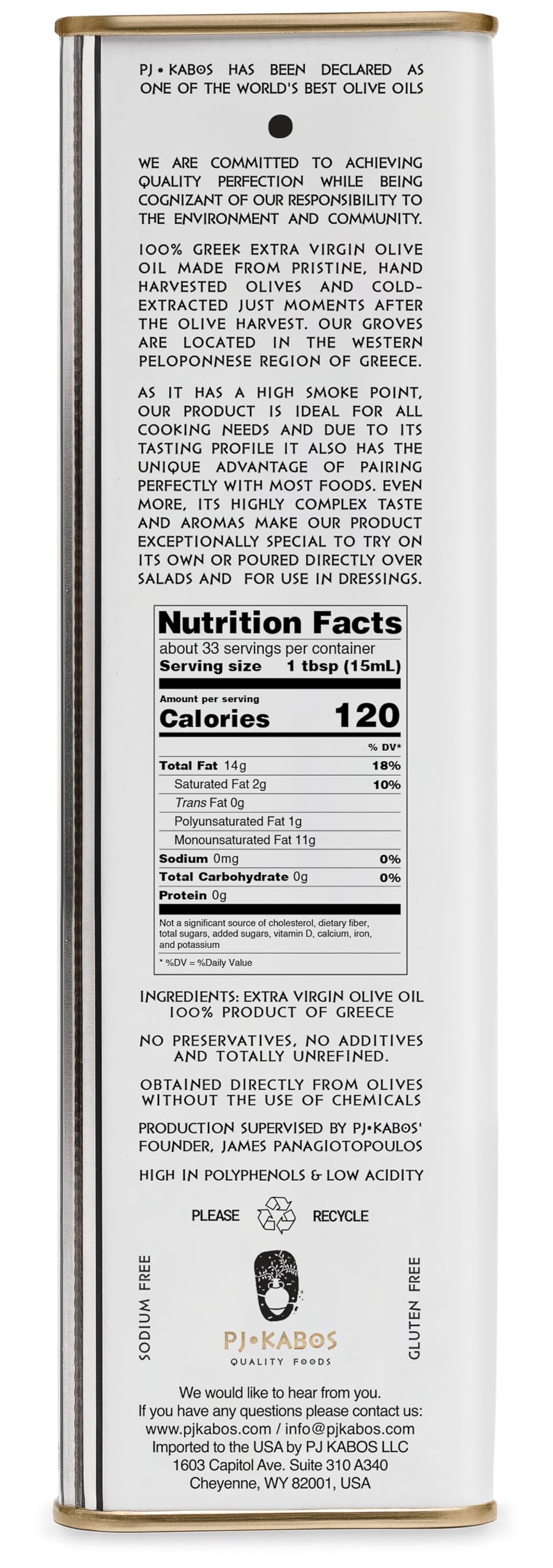 2024 Gold Award Winner, High Phenolic (400+mg/kg), Premium Greek Extra Virgin Olive Oil, Medium Intensity, Kosher, Greece Single