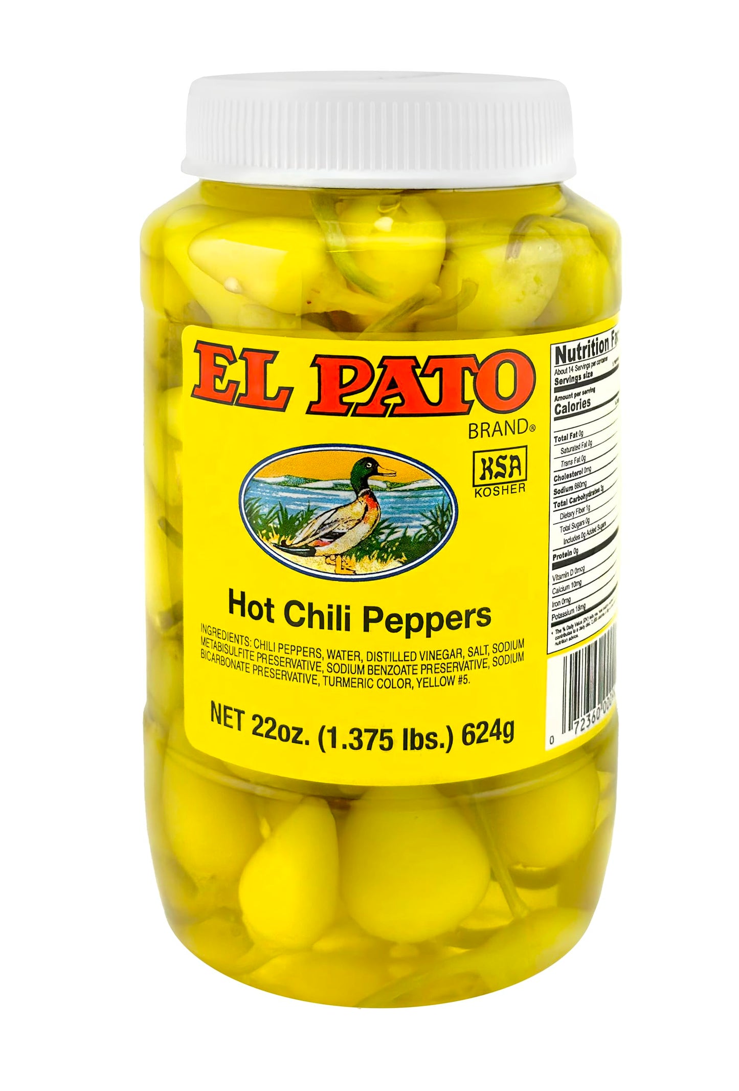 El Pato Hot Chili Peppers 22oz Pickled Yellow Chili Peppers 624g Kosher