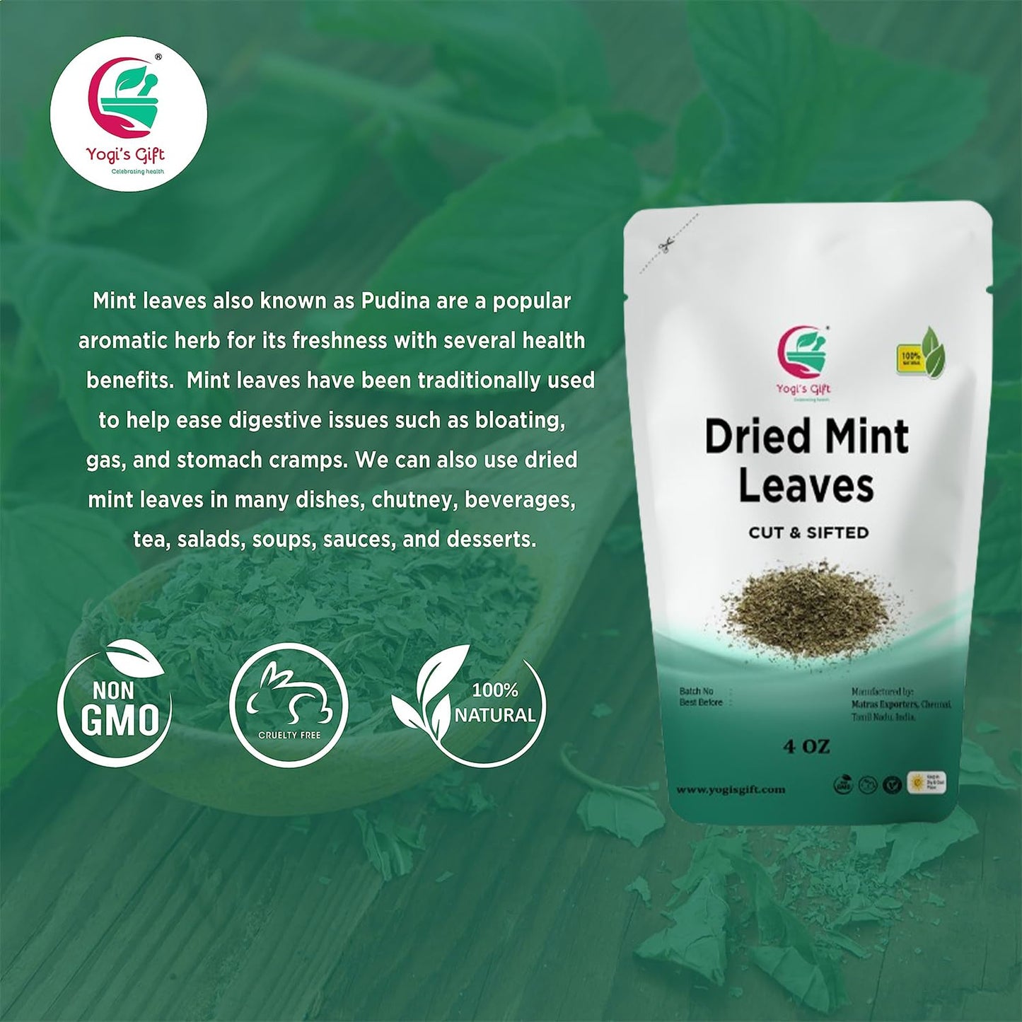 Dried Mint Leaves 4 Oz | Peppermint Leaves For Tea & Savoury | Non-Gmo, Ethically Sourced, Cut & Sifted | Bulk Tea Loose Leaf -