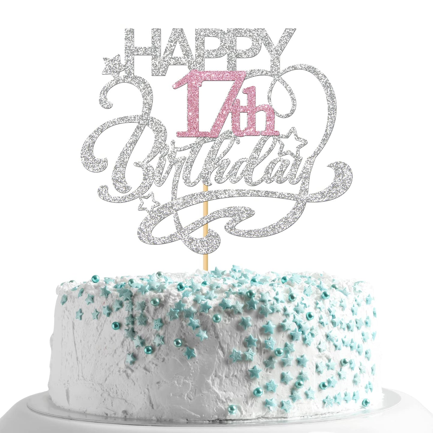 Monmon & Craft Happy 17Th Birthday Cake Topper/Cheers To 17 Years/Girls 17Th Birthday Party Decor Supplies - Silver & Pink Glitt