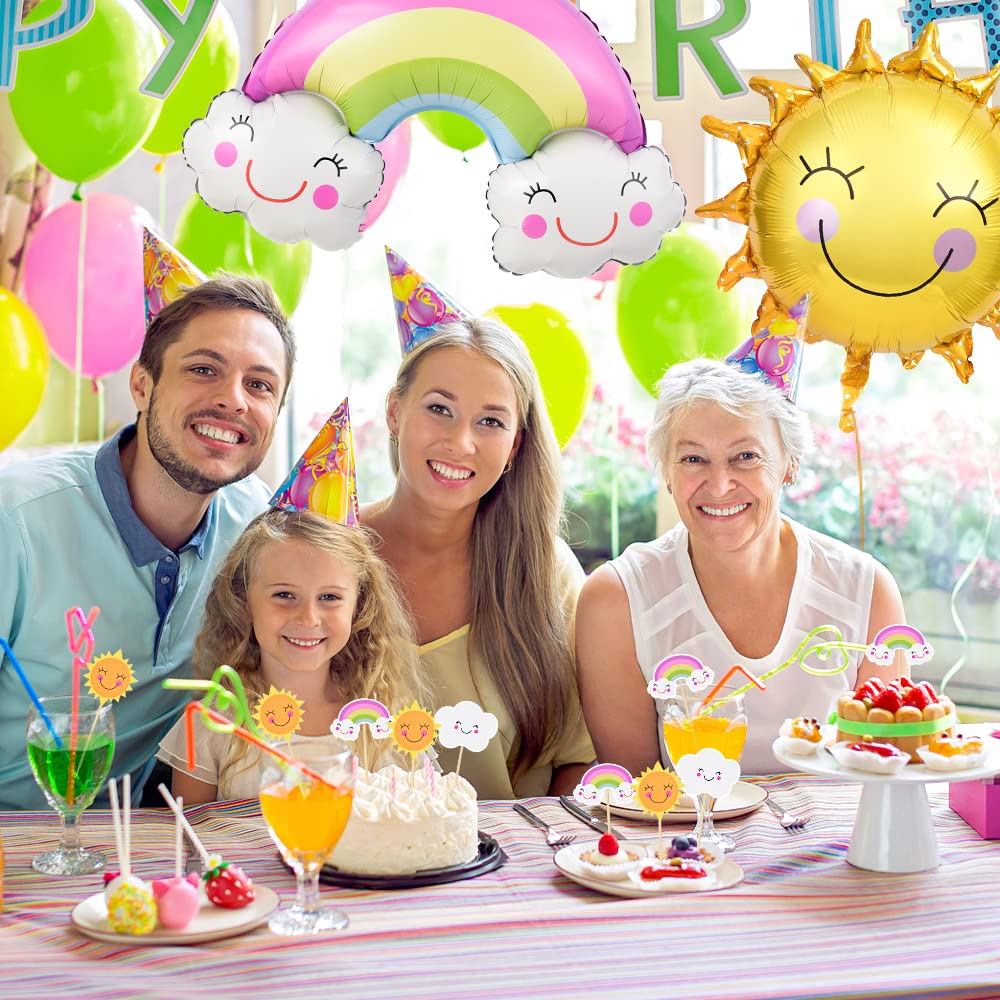 Hokpa Sun Rainbow Cloud Cupcake Toppers, 36Pcs Sun Smiley Sunshine Theme Cake Decoration For Birthday Baby Shower Theme Party De