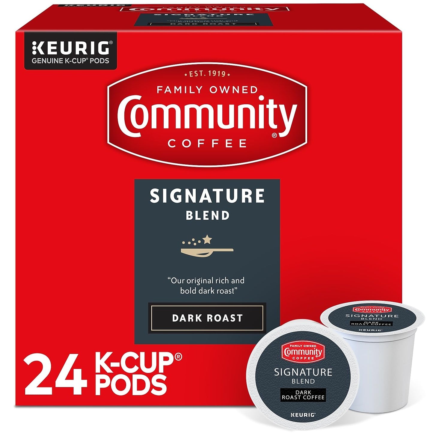 Community Coffee Signature Blend Dark Roast Coffee Pods, Compatible with Keurig 2.0, 24 Count, Paper, Model 5000374328