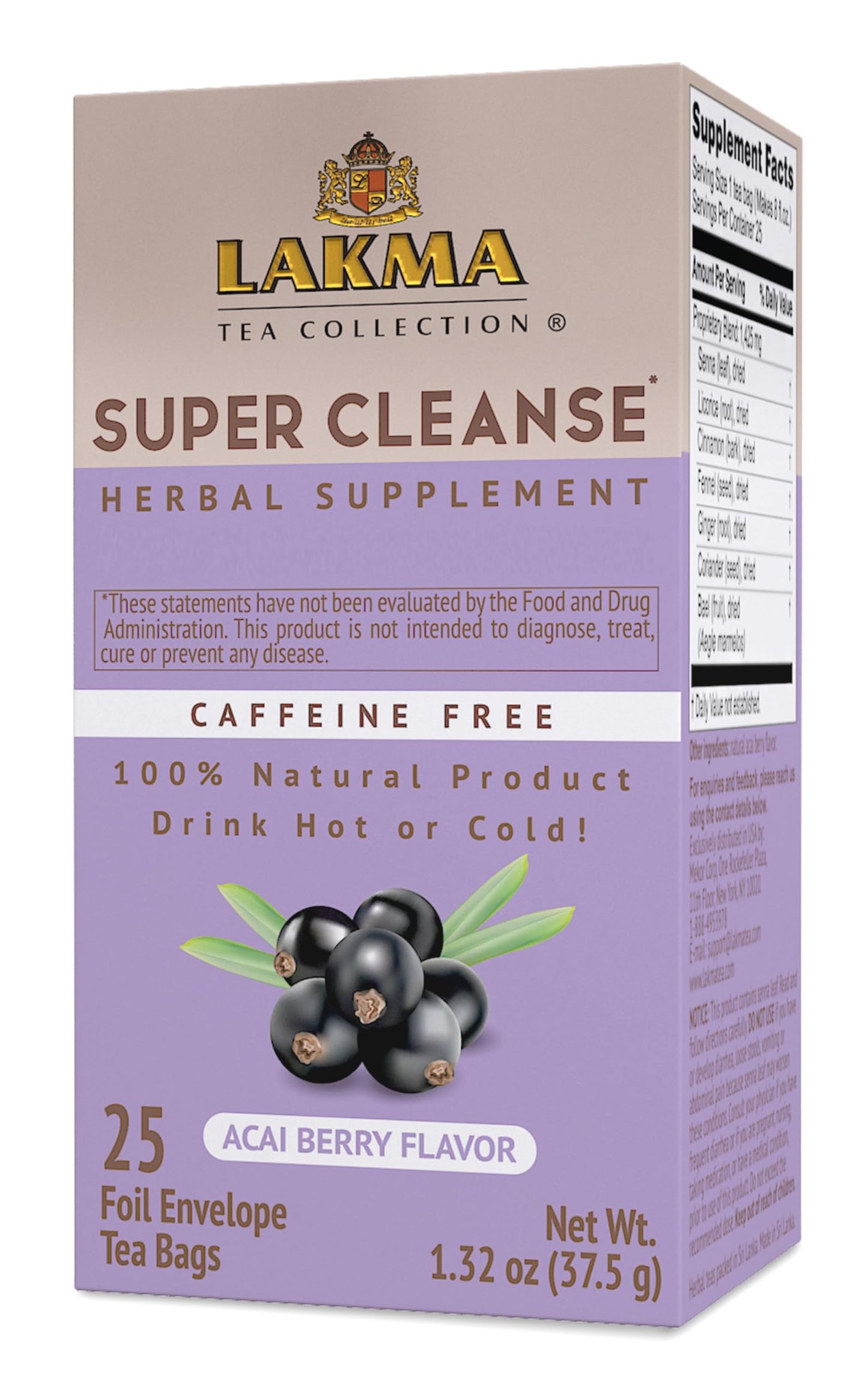 HYLEYS Tea Super Cleanse Tea - Caffeine Free, 25 Tea Bags, Acai Berry Flavor, GMO Free, Gluten Free, 100% Natural