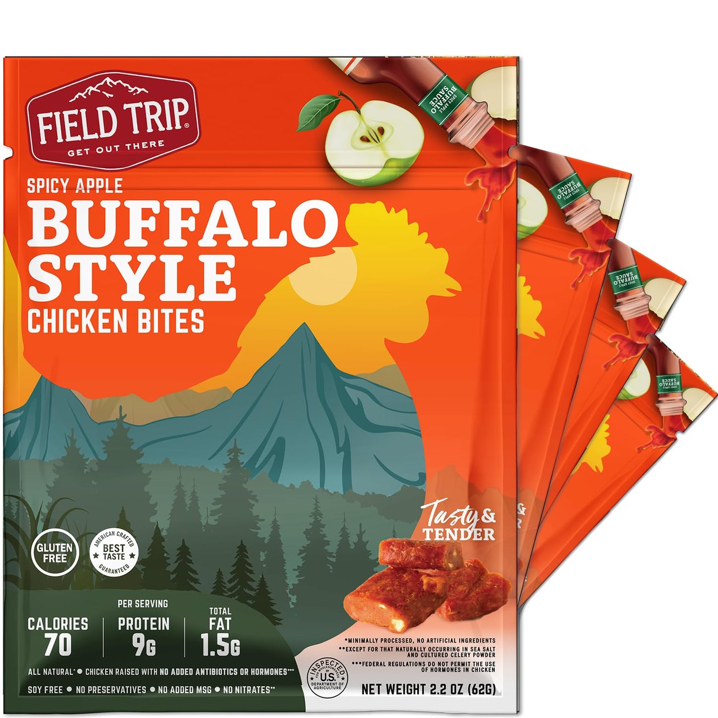 Field Trip Chicken Jerky Bites, All Natural, Gluten Free, Keto & Paleo Snack, 2.2oz (Pack of 4), Spicy Buffalo Style