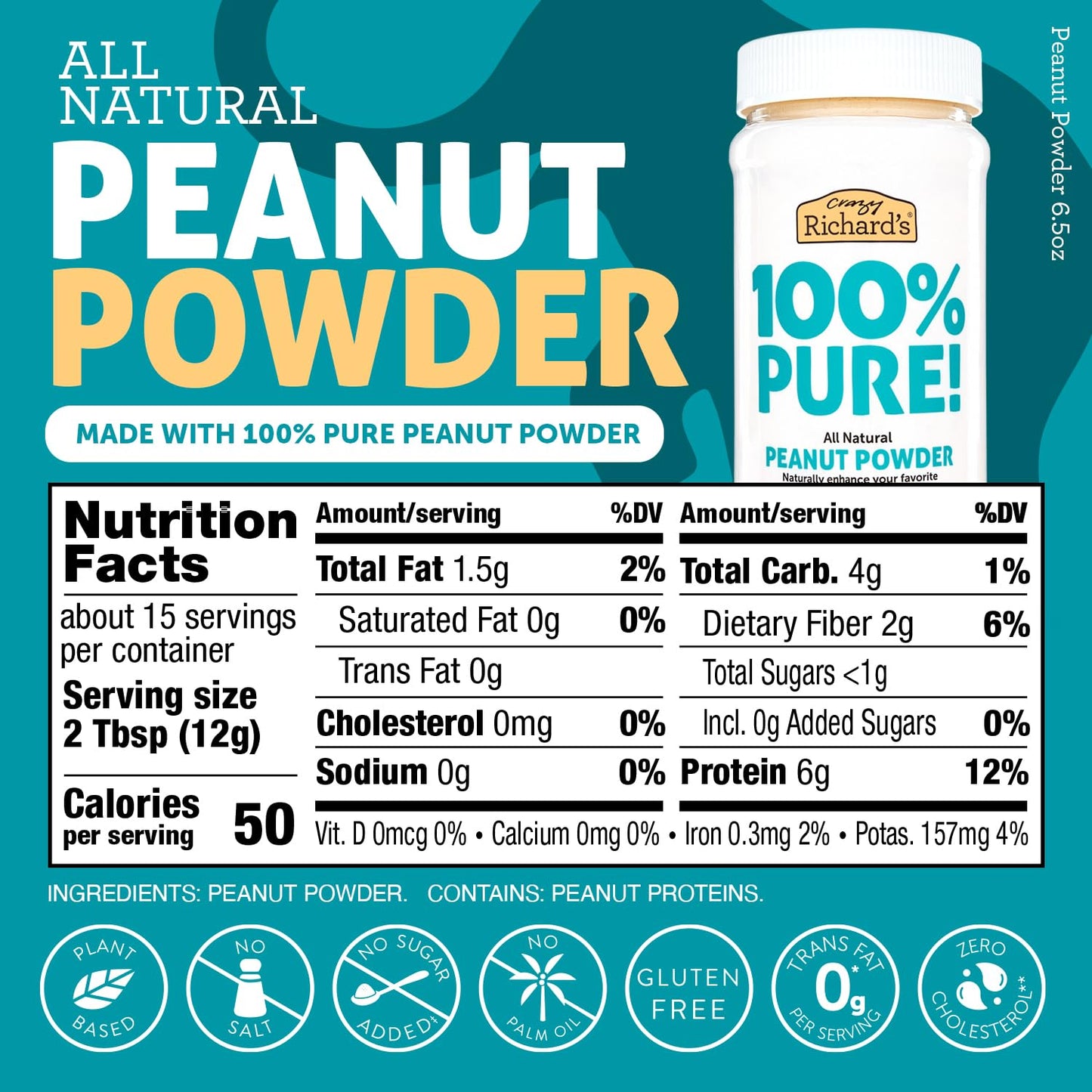Crazy Richards 100% All-Natural Peanut Butter Powder with No Added Sugar and Non GMO (6.5 Ounces, Pack of 6)