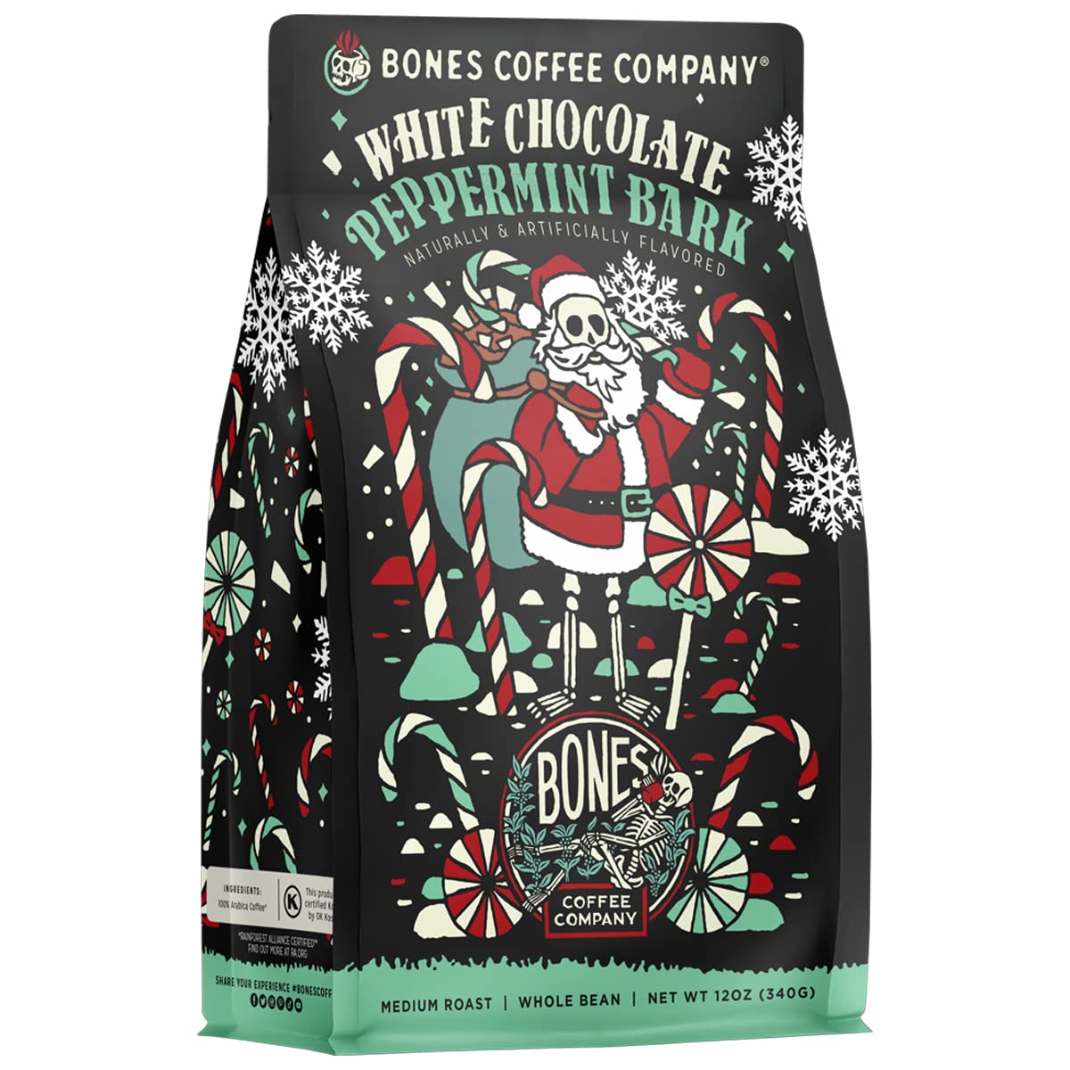 Bones Coffee Company White Chocolate Peppermint Bark Flavored Coffee, Medium Roast Low Acid Arabica Beans Compatible with Auto d