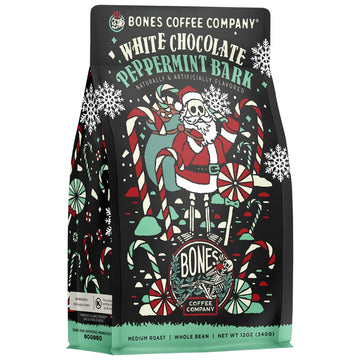 Bones Coffee Company White Chocolate Peppermint Bark Flavored Coffee, Medium Roast Low Acid Arabica Beans Compatible with Auto d